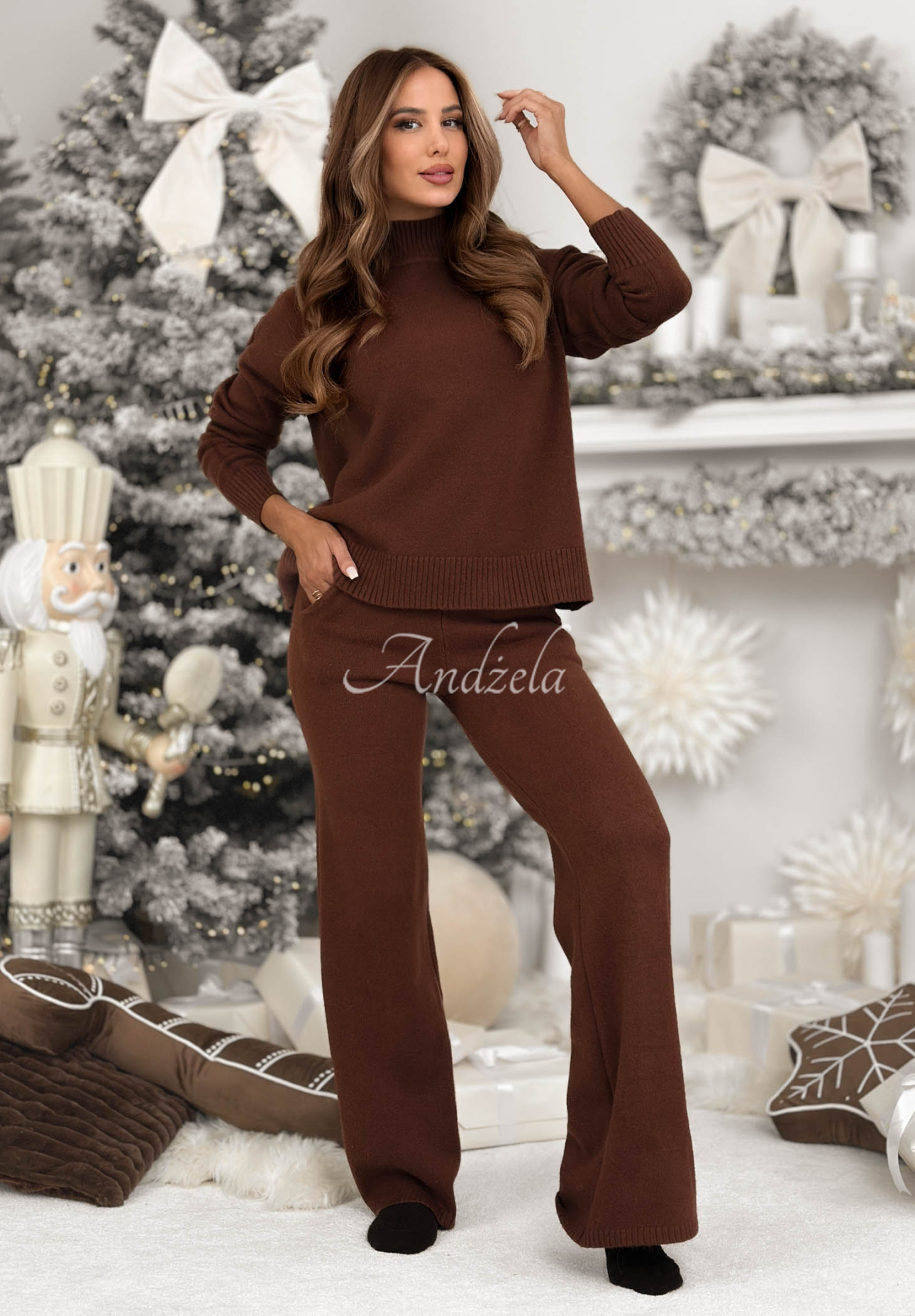 Knitted sweater and wide leg pants set January Snow chocolate