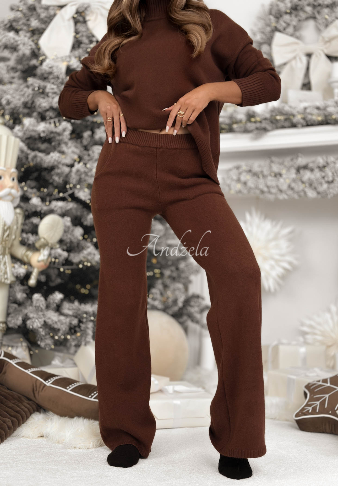 Knitted sweater and wide leg pants set January Snow chocolate
