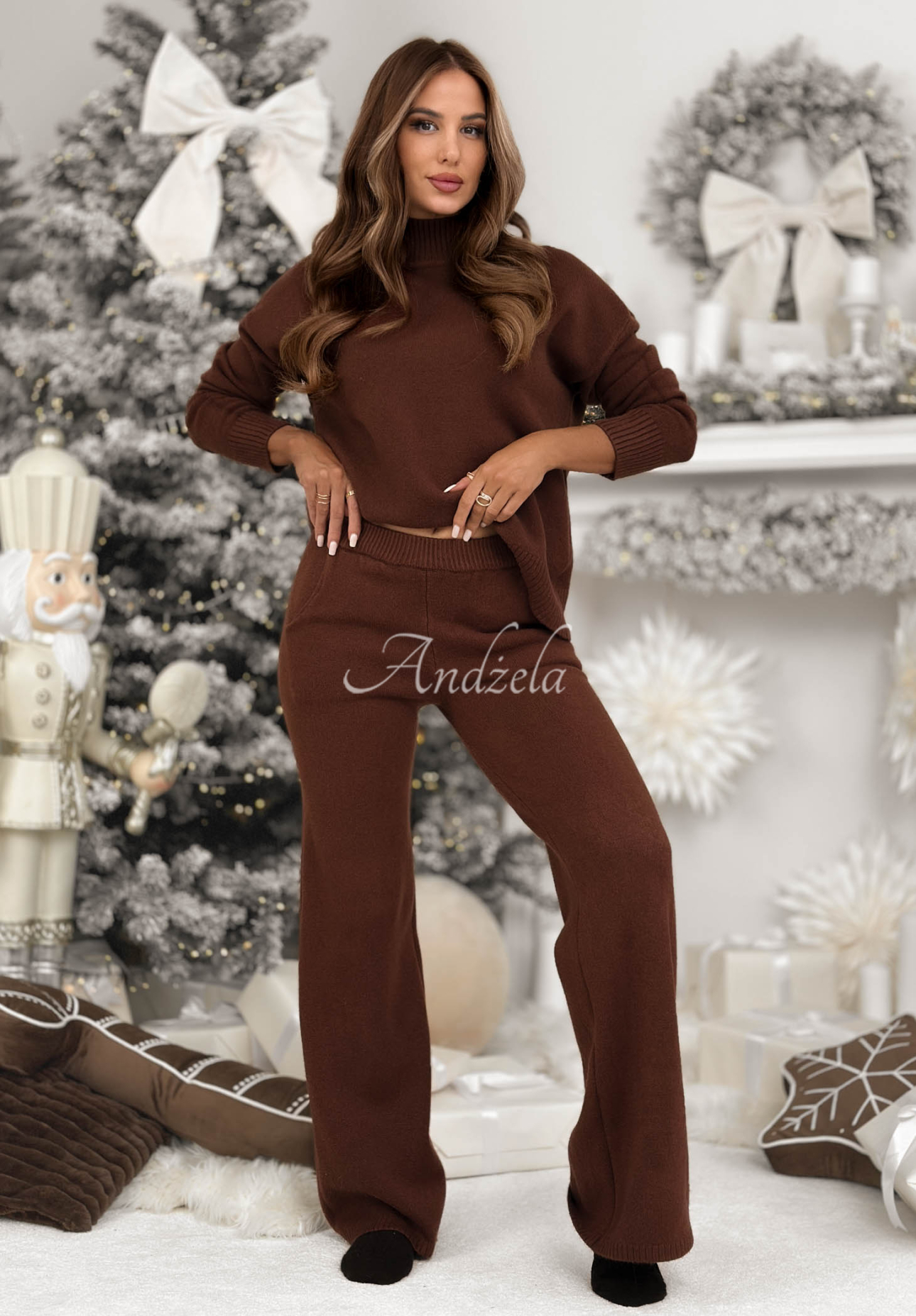 Knitted sweater and wide leg pants set January Snow chocolate