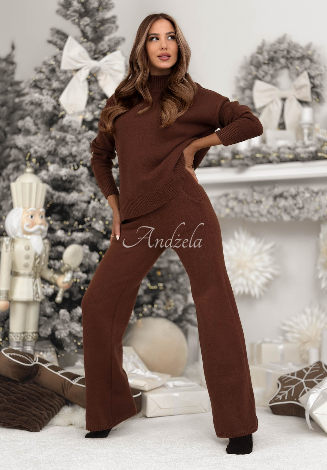 Knitted sweater and wide leg pants set January Snow chocolate