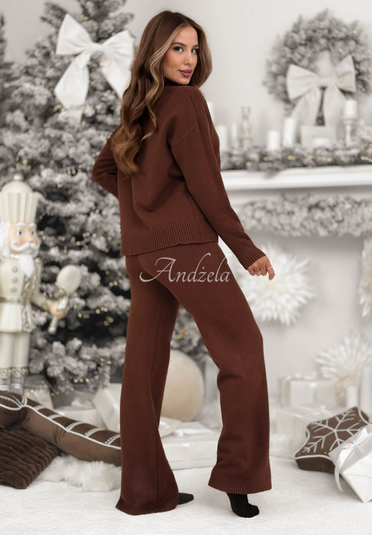 Knitted sweater and wide leg pants set January Snow chocolate
