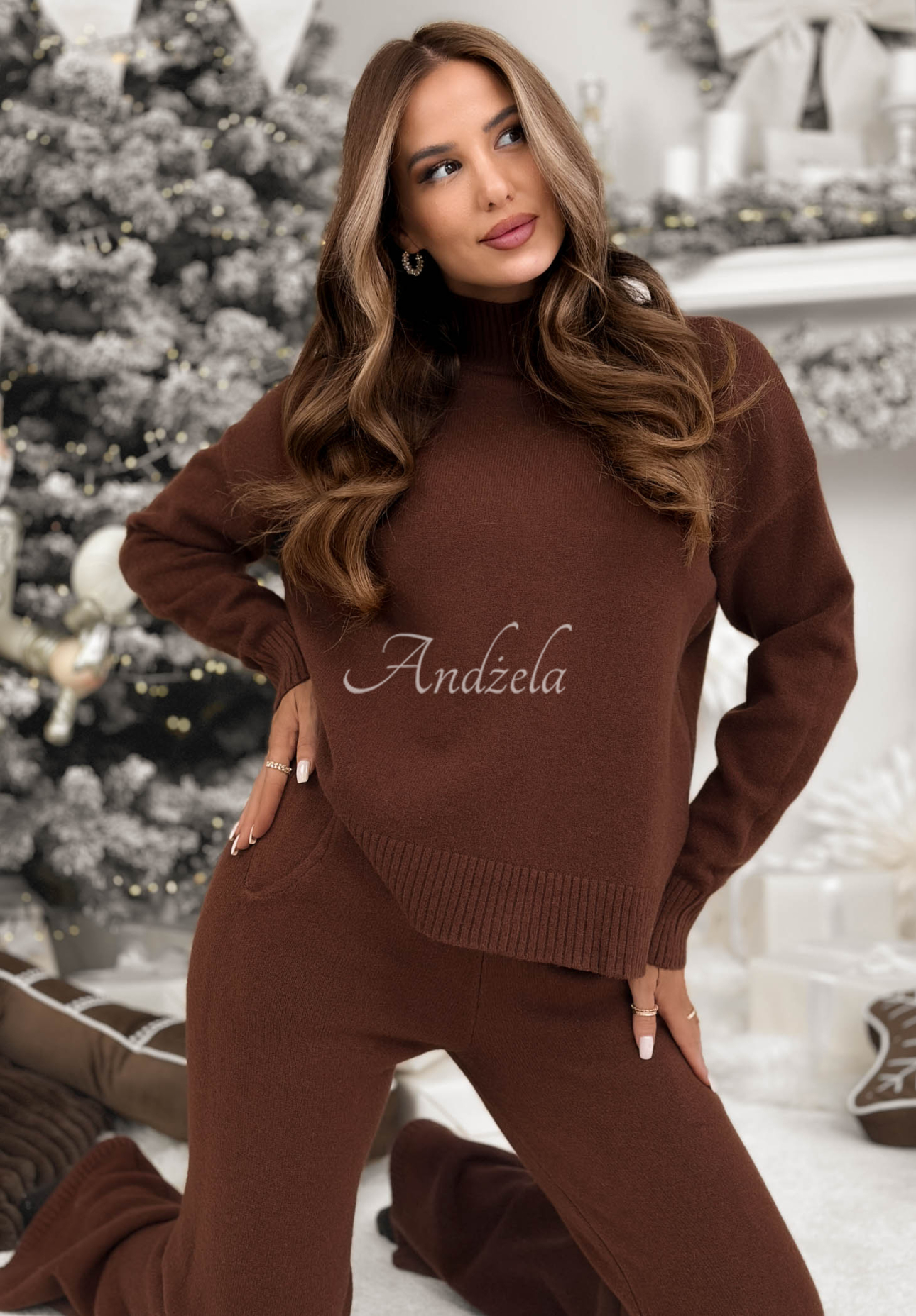 Knitted sweater and wide leg pants set January Snow chocolate