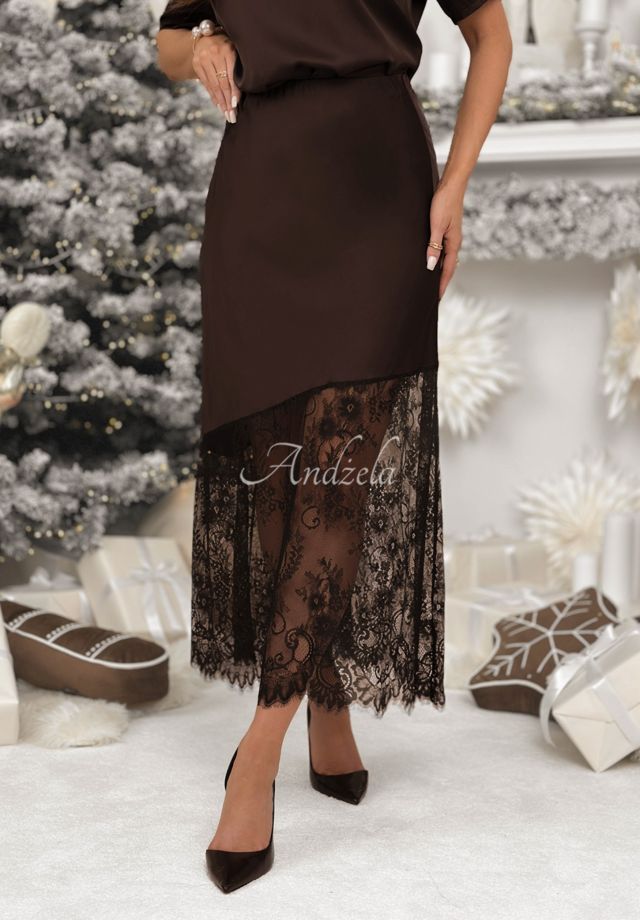 Viscose satin midi skirt with lace Always Wanted chocolate