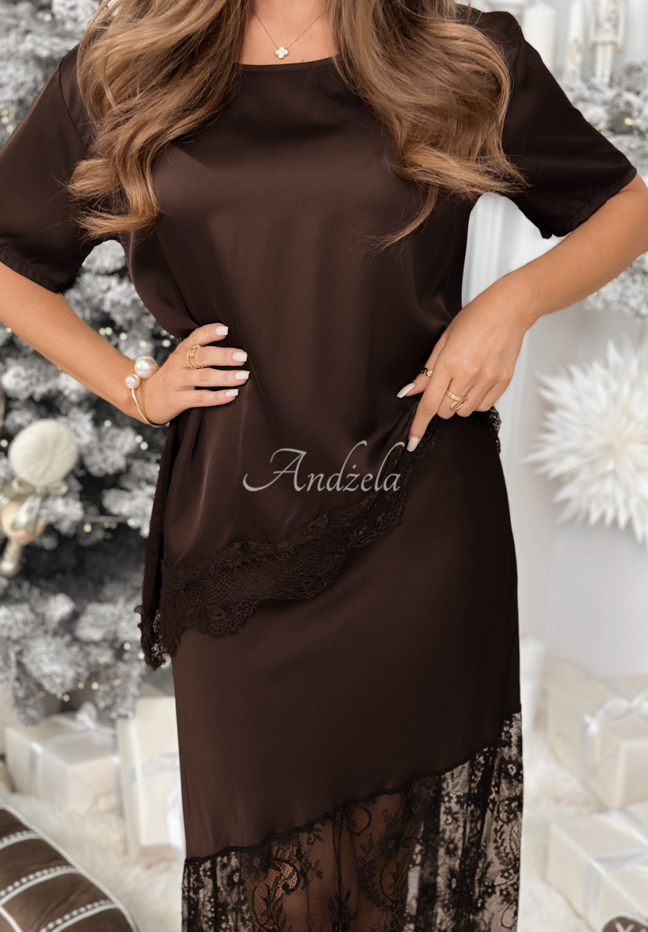 Viscose satin blouse with lace Always Wanted chocolate