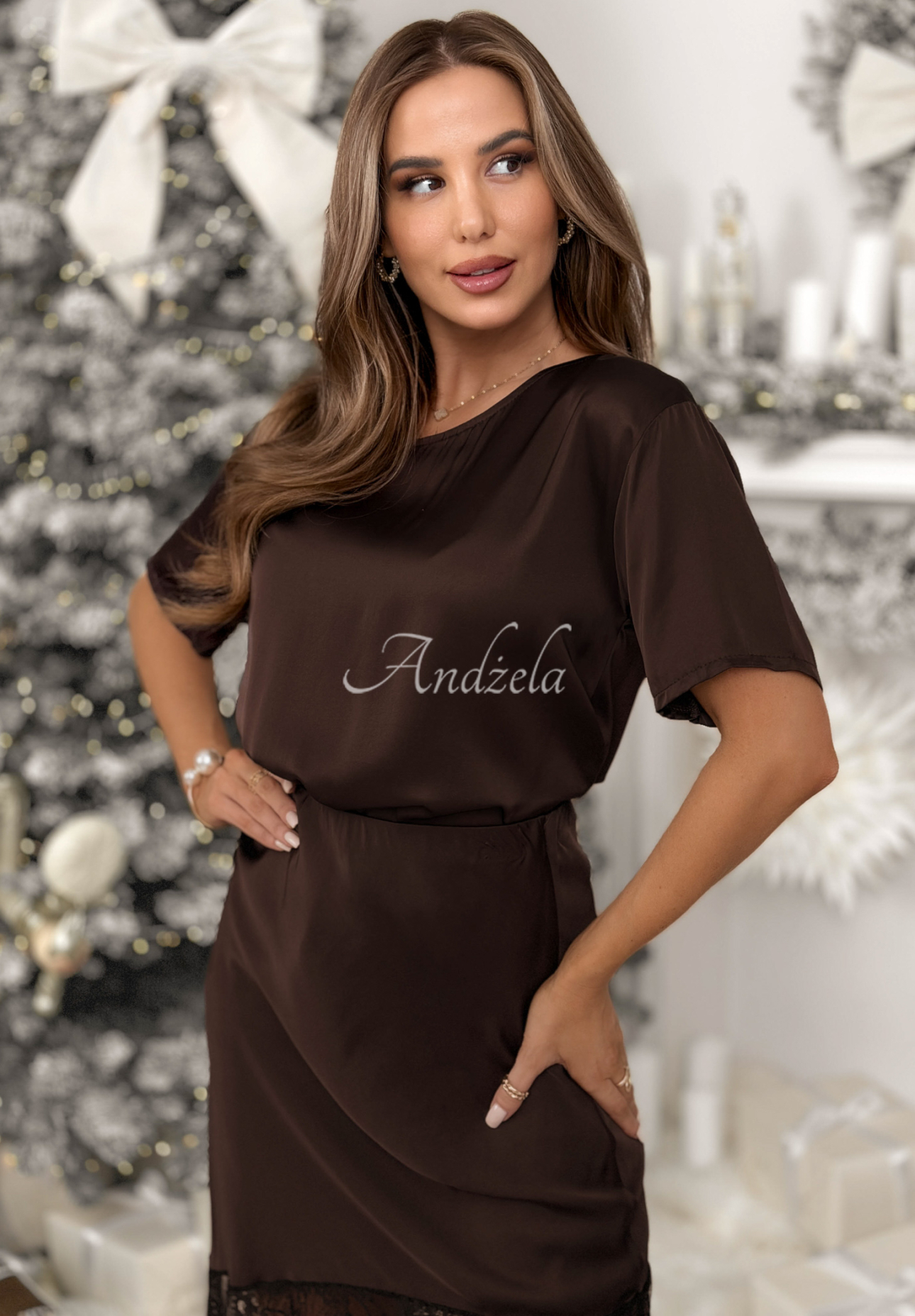 Viscose satin blouse with lace Always Wanted chocolate