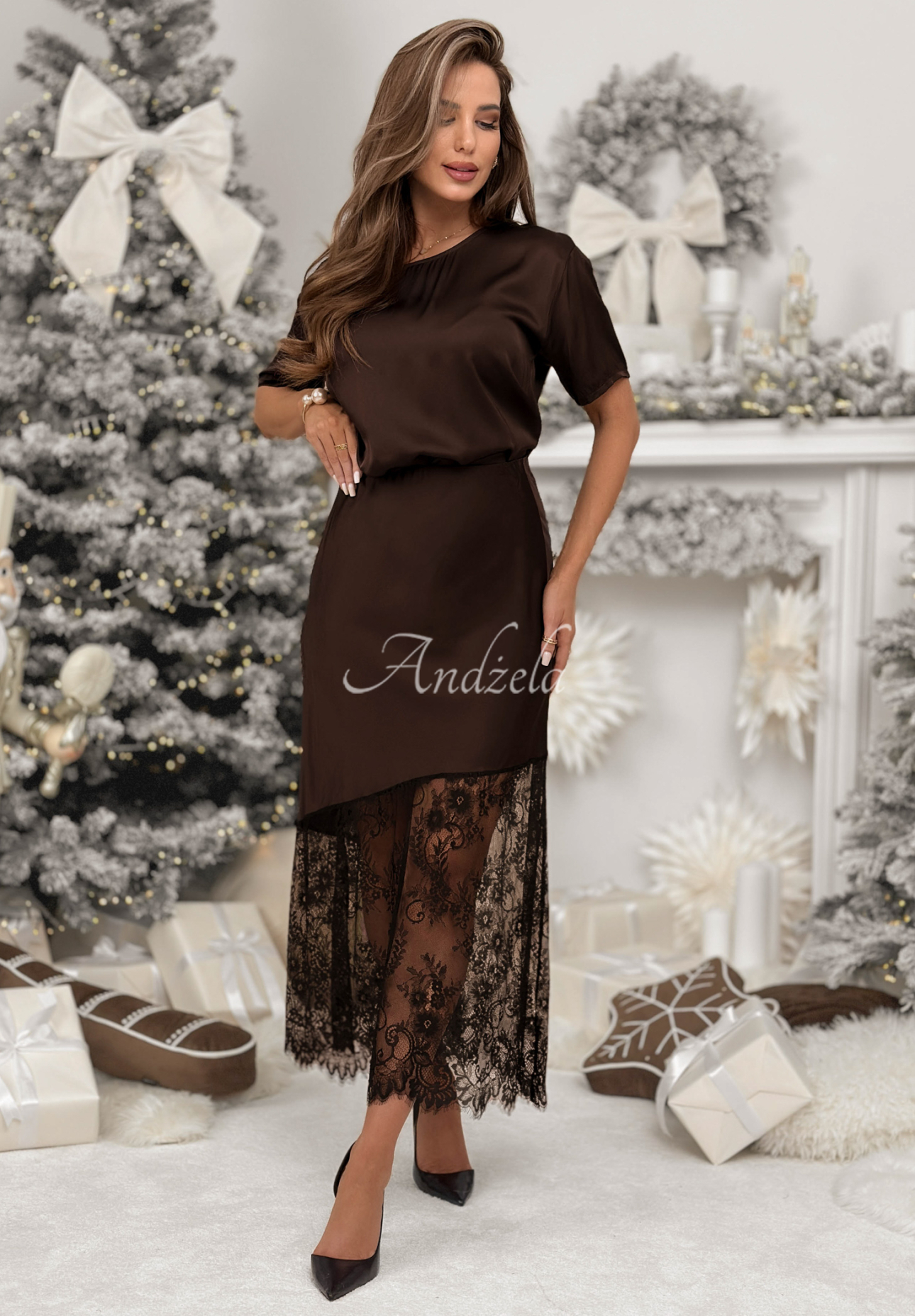 Viscose satin blouse with lace Always Wanted chocolate