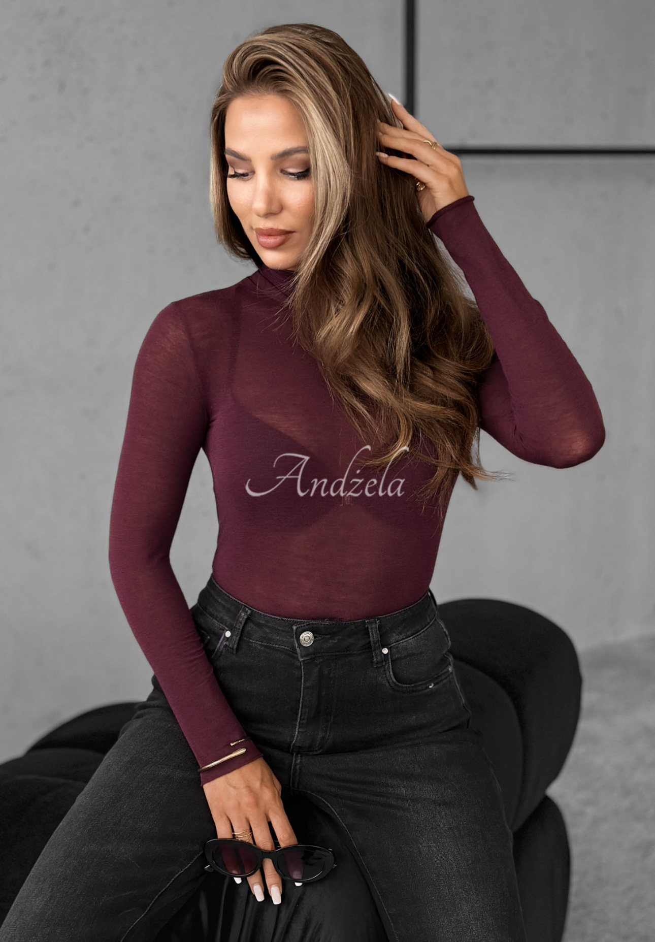 Be The One burgundy turtleneck and cashmere mist blouse