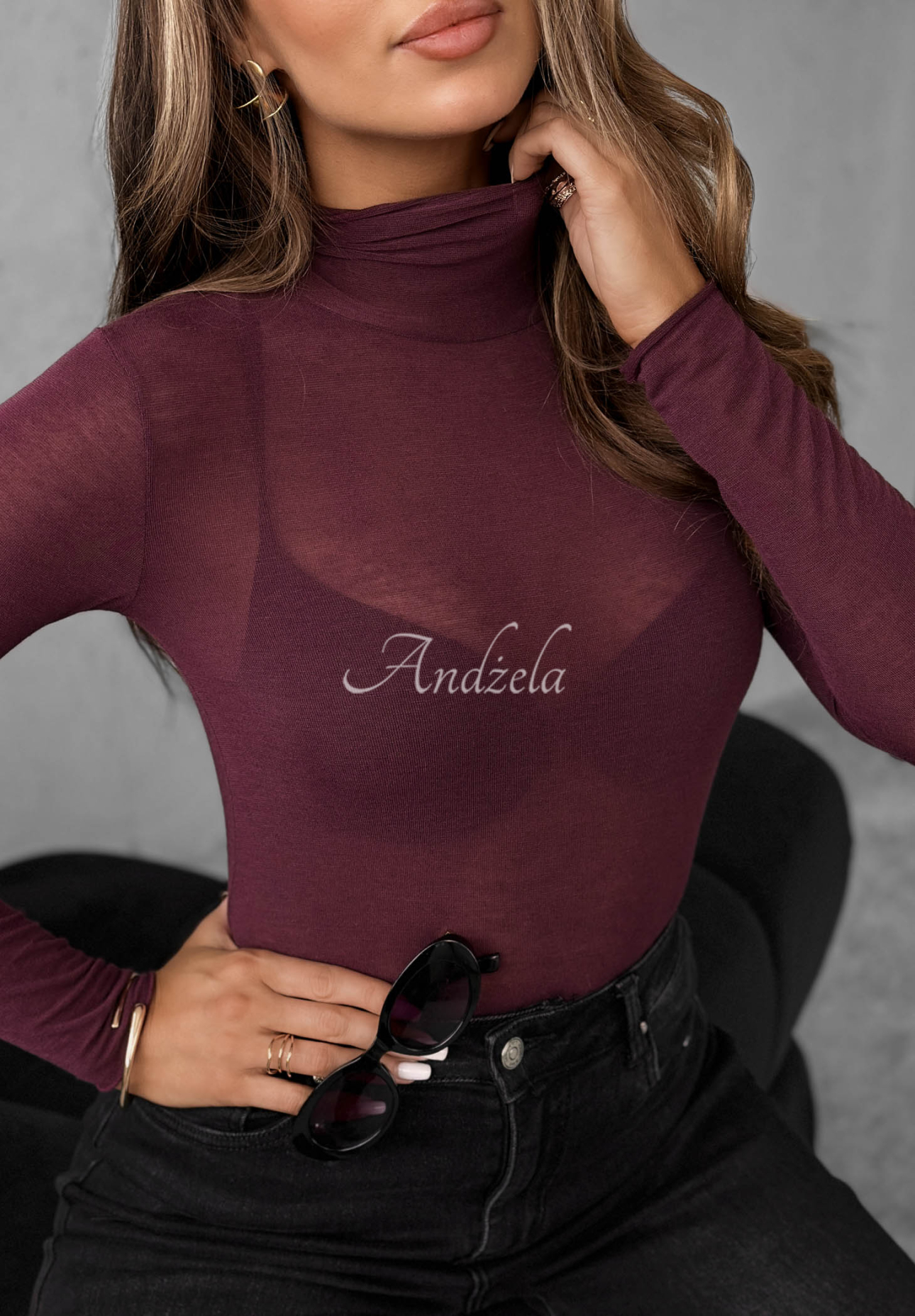 Be The One burgundy turtleneck and cashmere mist blouse