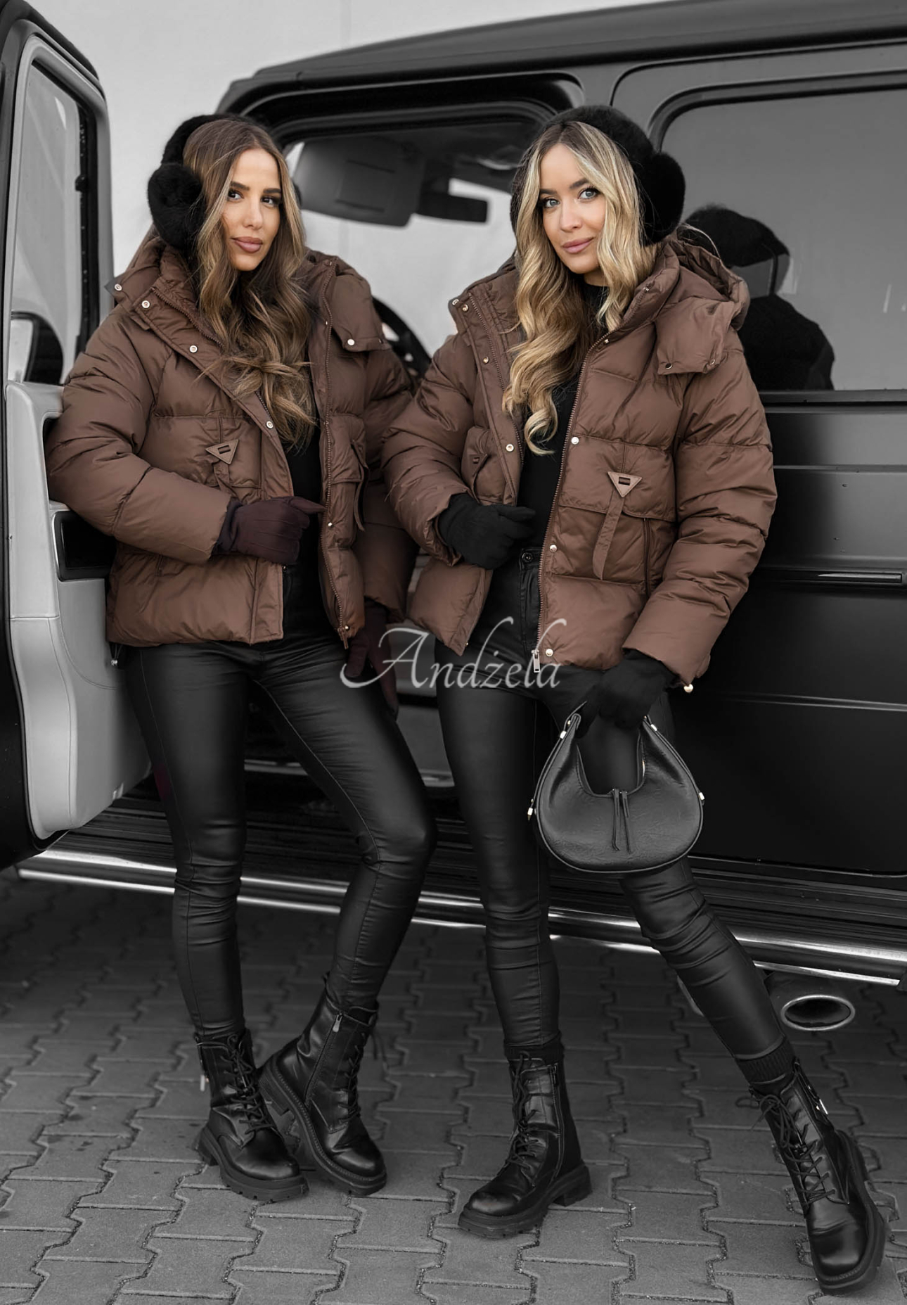 Krótka pikowana kurtka z kapturem Sister Winter czekoladowa