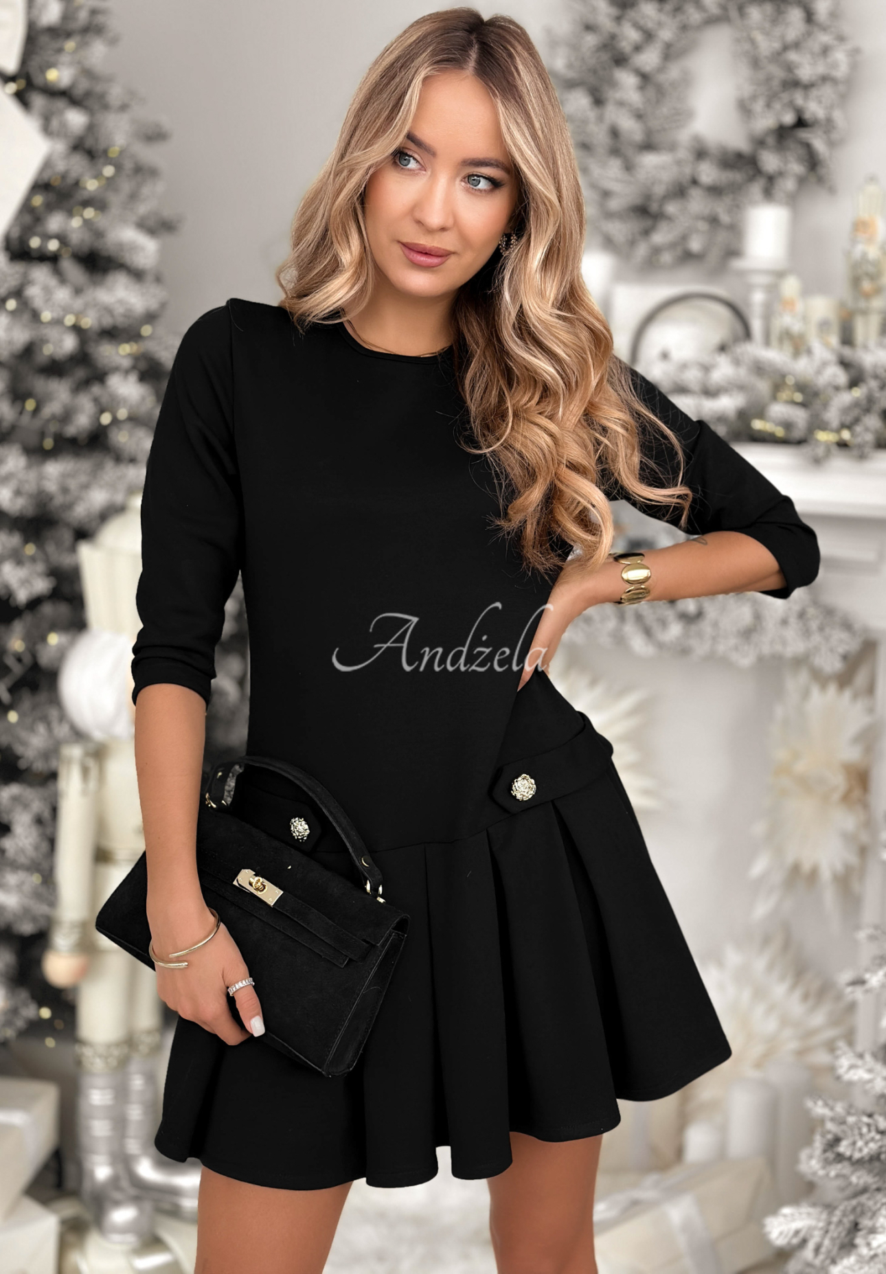 Viscose dress with Christmas Day pleats black