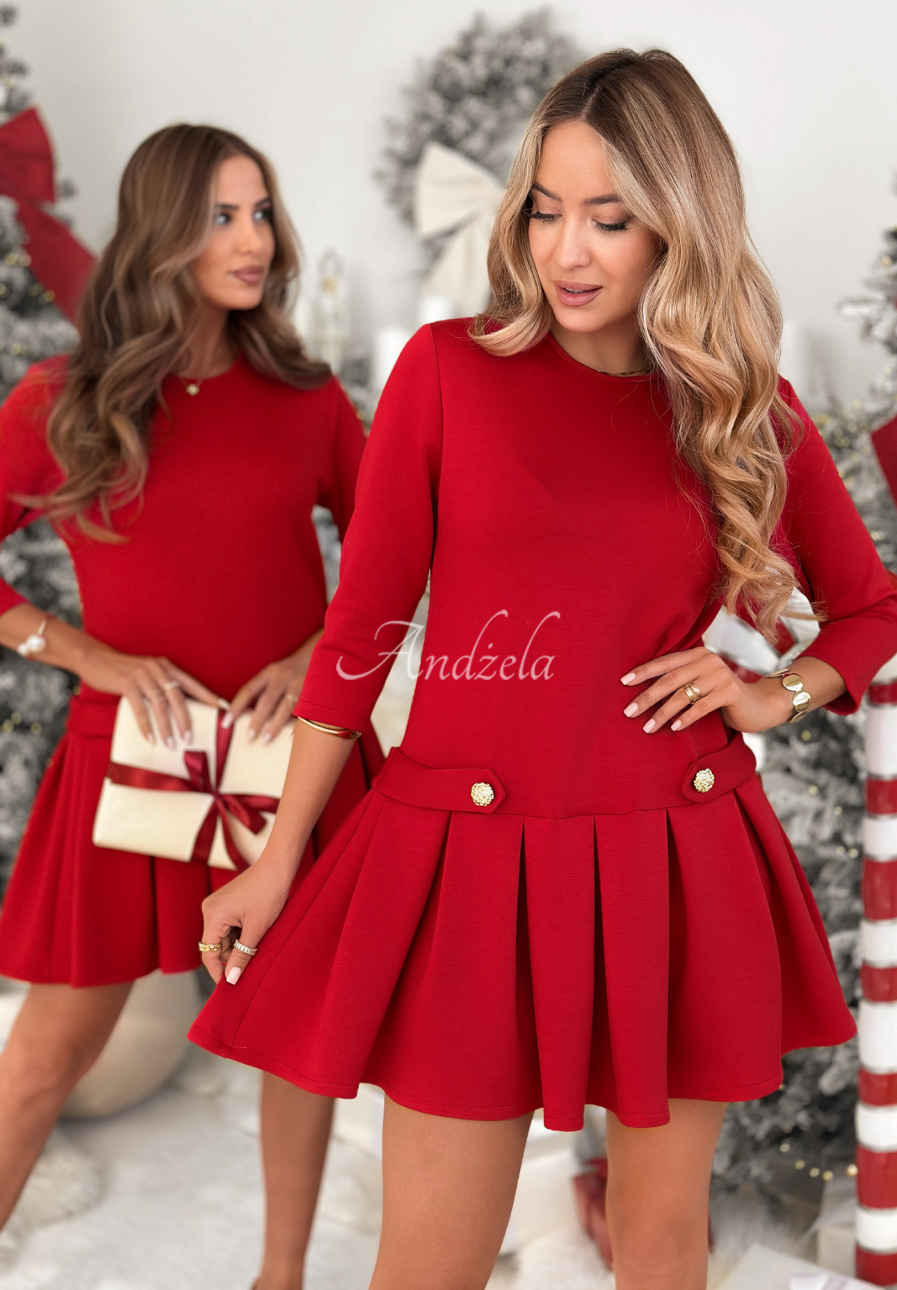 Viscose dress with pleats Christmas Day red