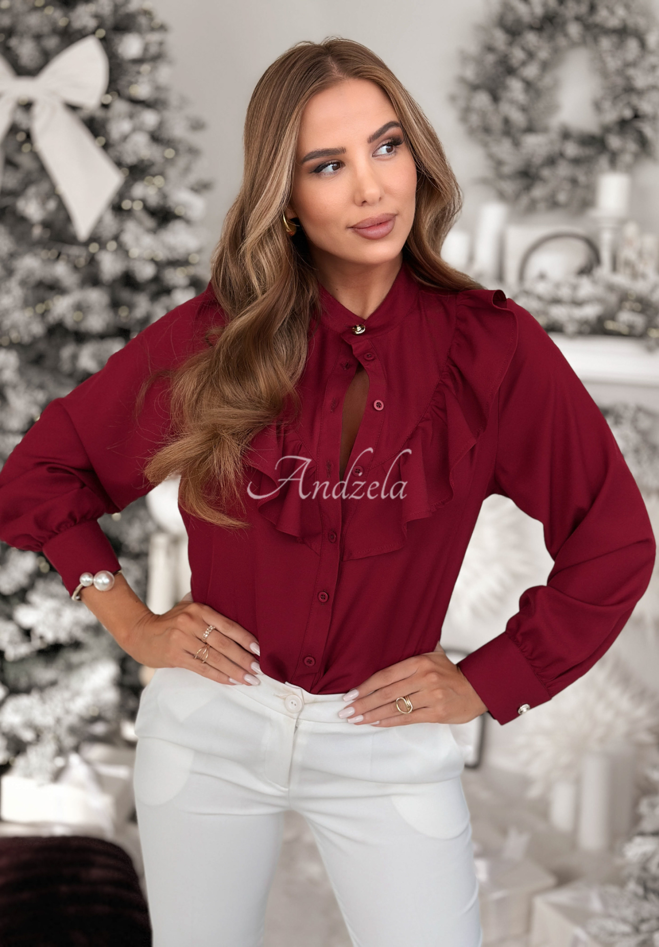 Viscose shirt with frills Christmas Wishes burgundy