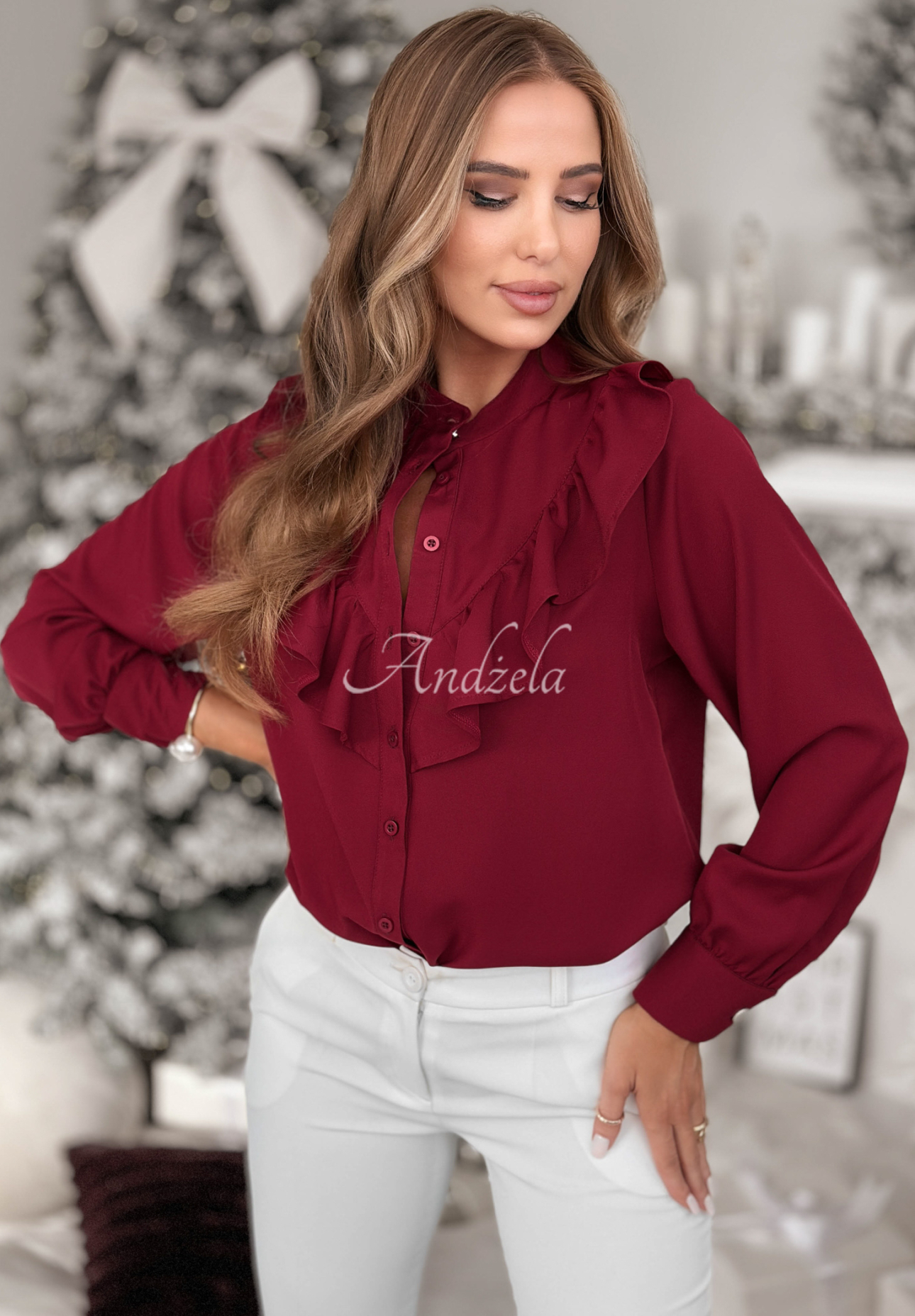 Viscose shirt with frills Christmas Wishes burgundy