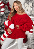 Oversize sweater decoratively braided with wool White Season red