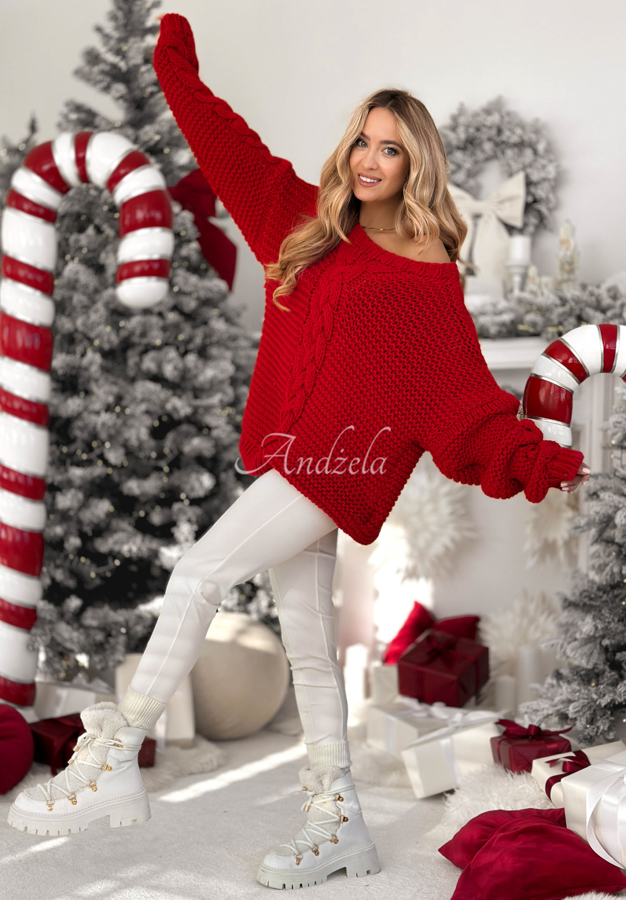 Sweter oversize ozdobnie pleciony z wełną White Season czerwony