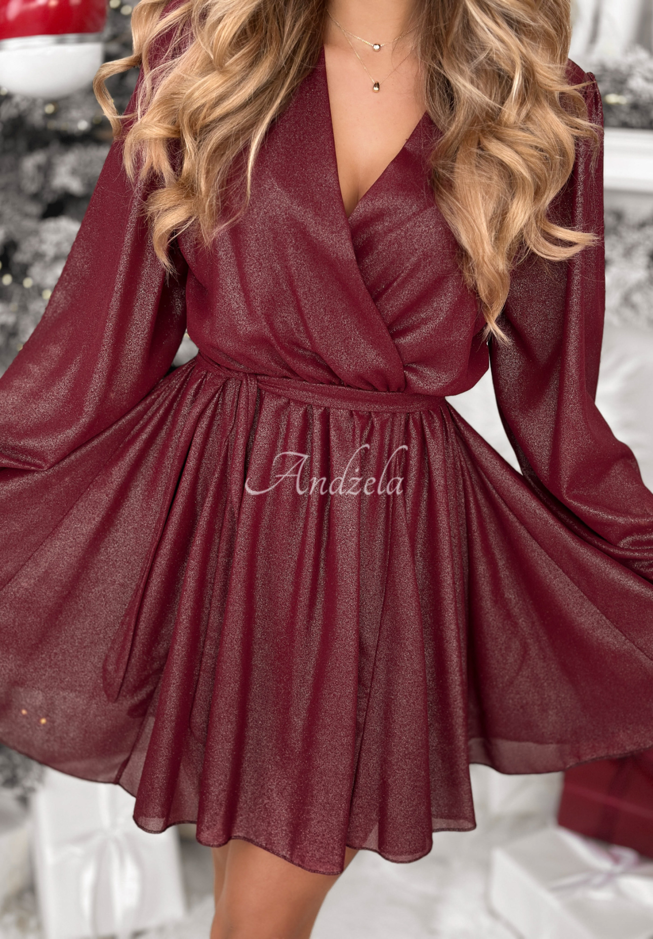 Shiny mini dress with belt Never Texted Back burgundy