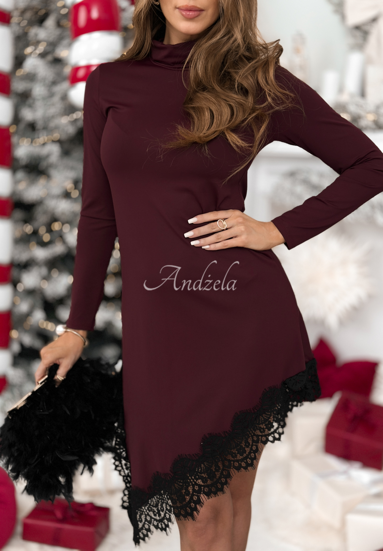 Asymmetrical turtleneck and lace dress Ordinary World burgundy