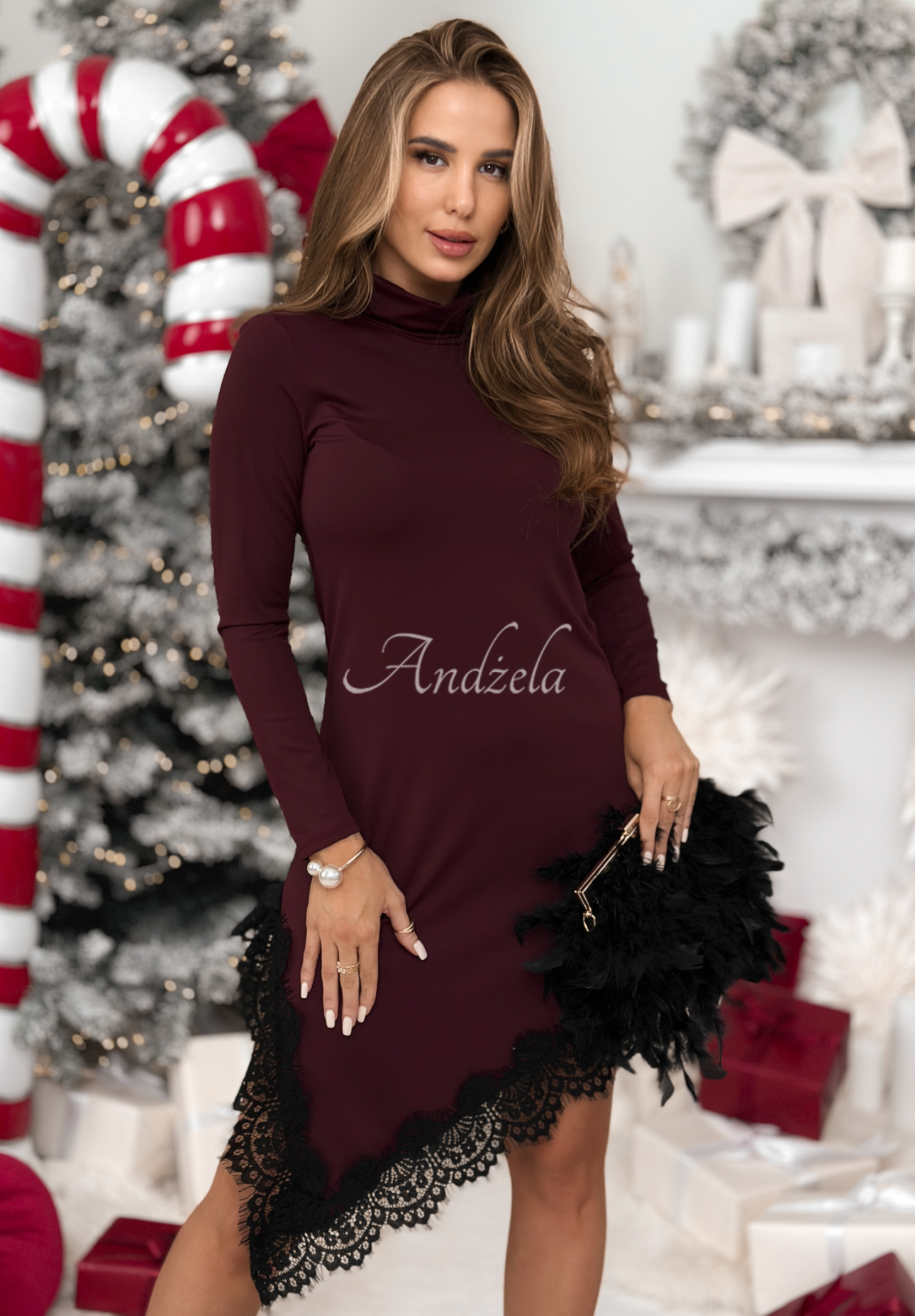 Asymmetrical turtleneck and lace dress Ordinary World burgundy