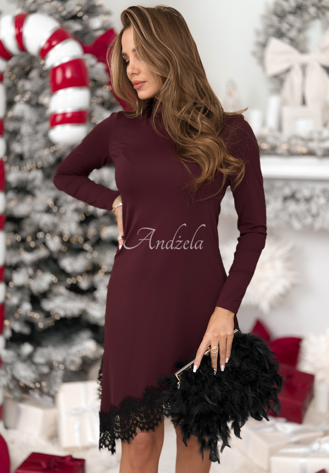 Asymmetrical turtleneck and lace dress Ordinary World burgundy