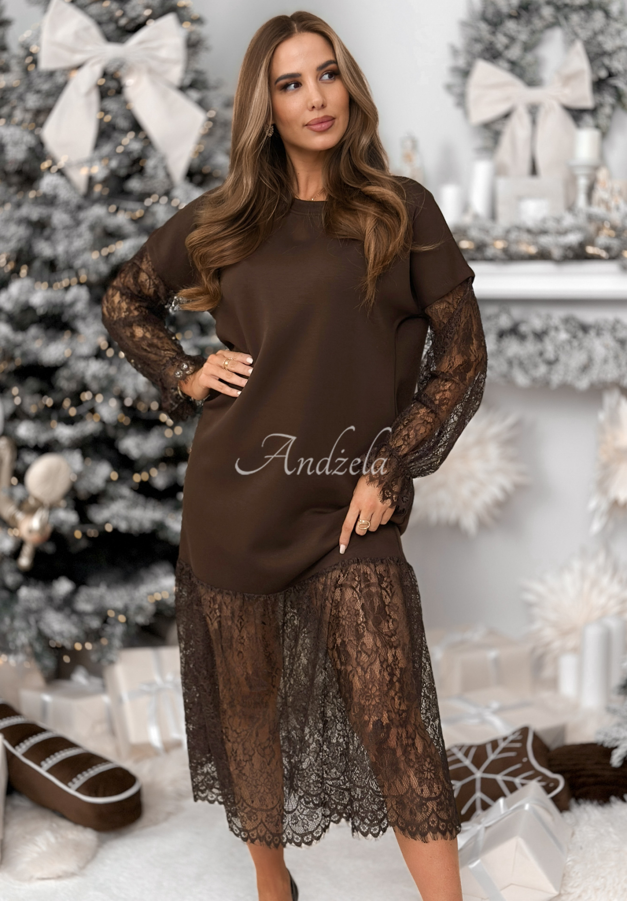 Viscose midi dress with lace by Ultimate Success chocolate