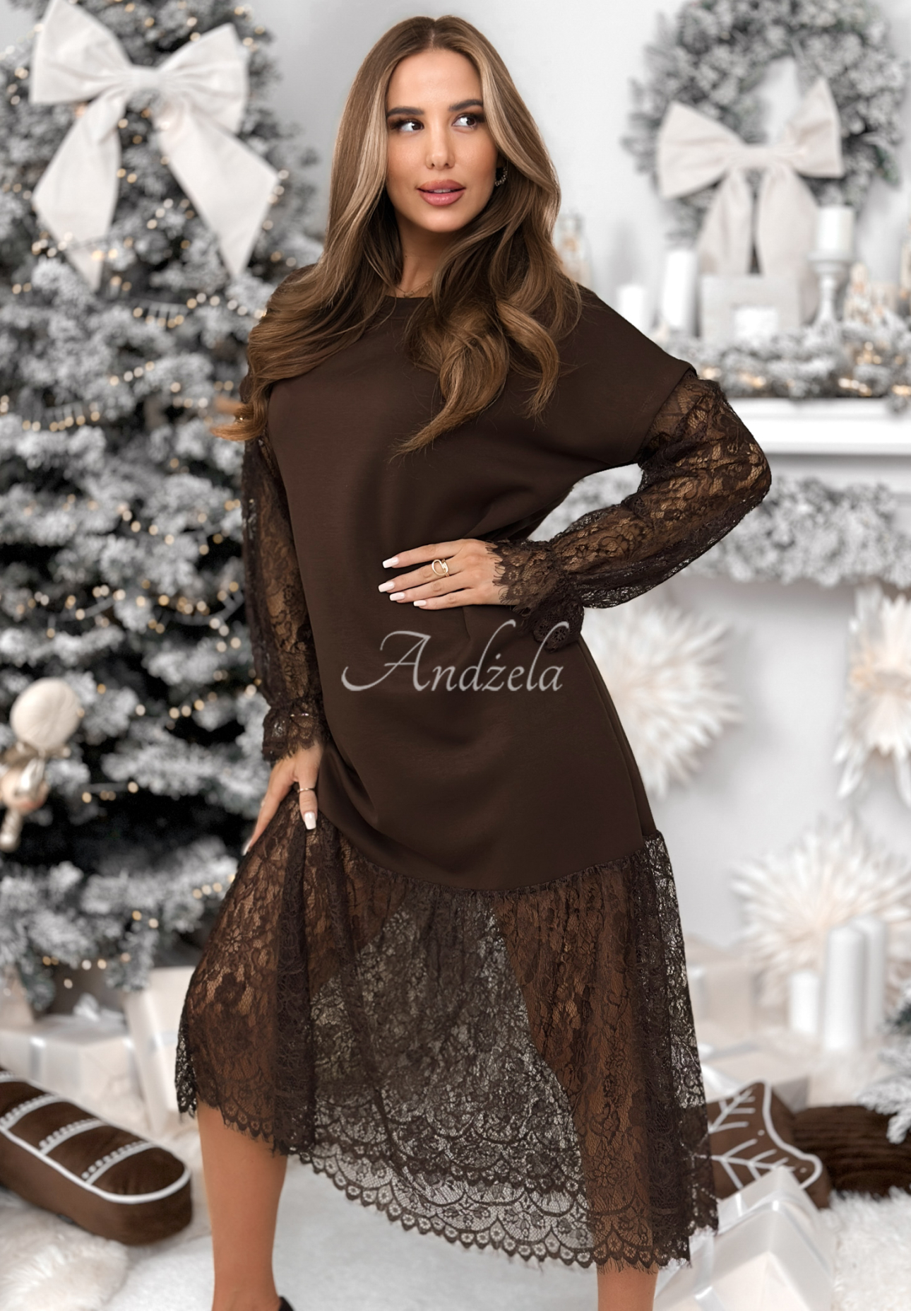 Viscose midi dress with lace by Ultimate Success chocolate
