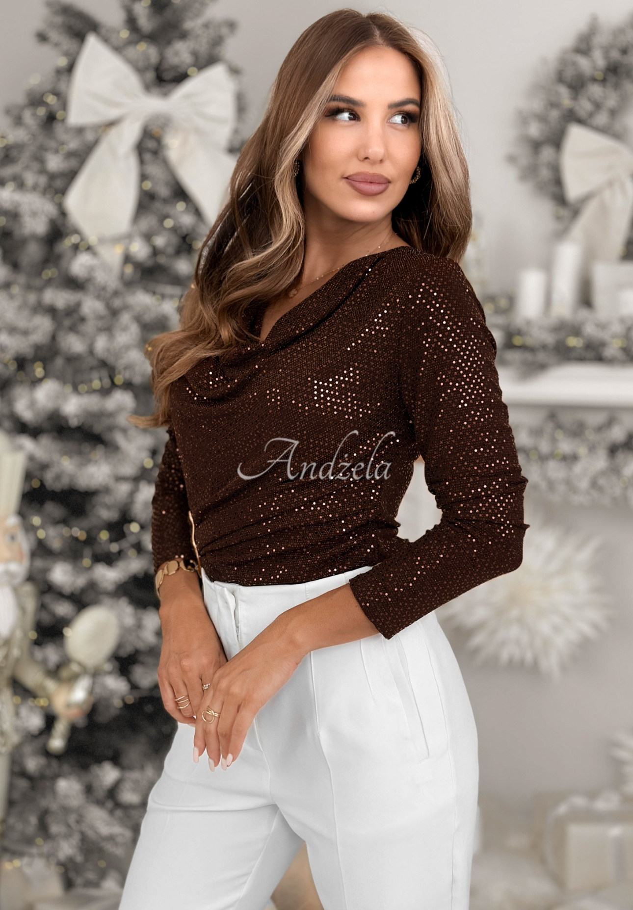 Shiny blouse with decorative applique Cry Later chocolate