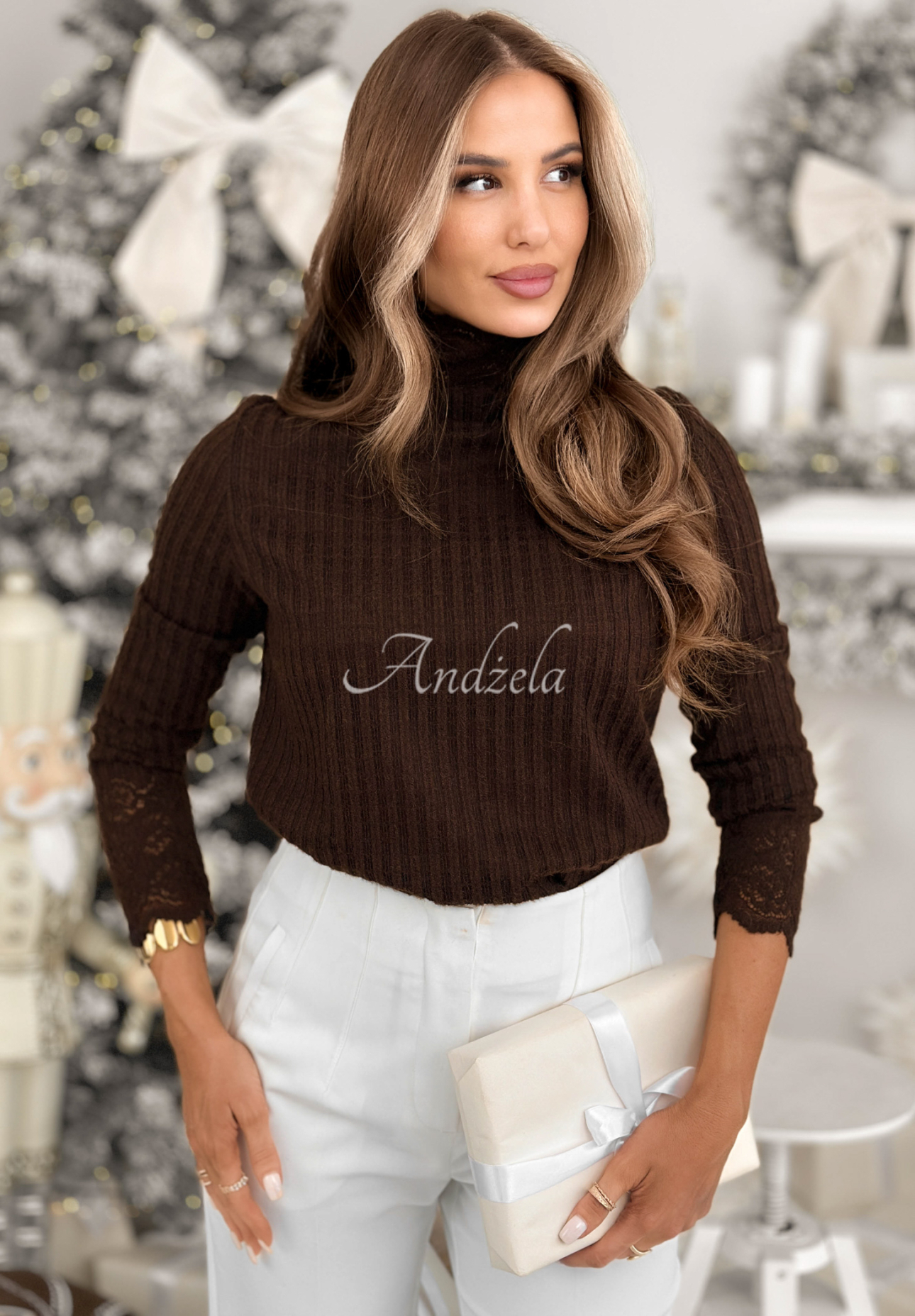 Lacy Dreams ribbed lace sweater chocolate