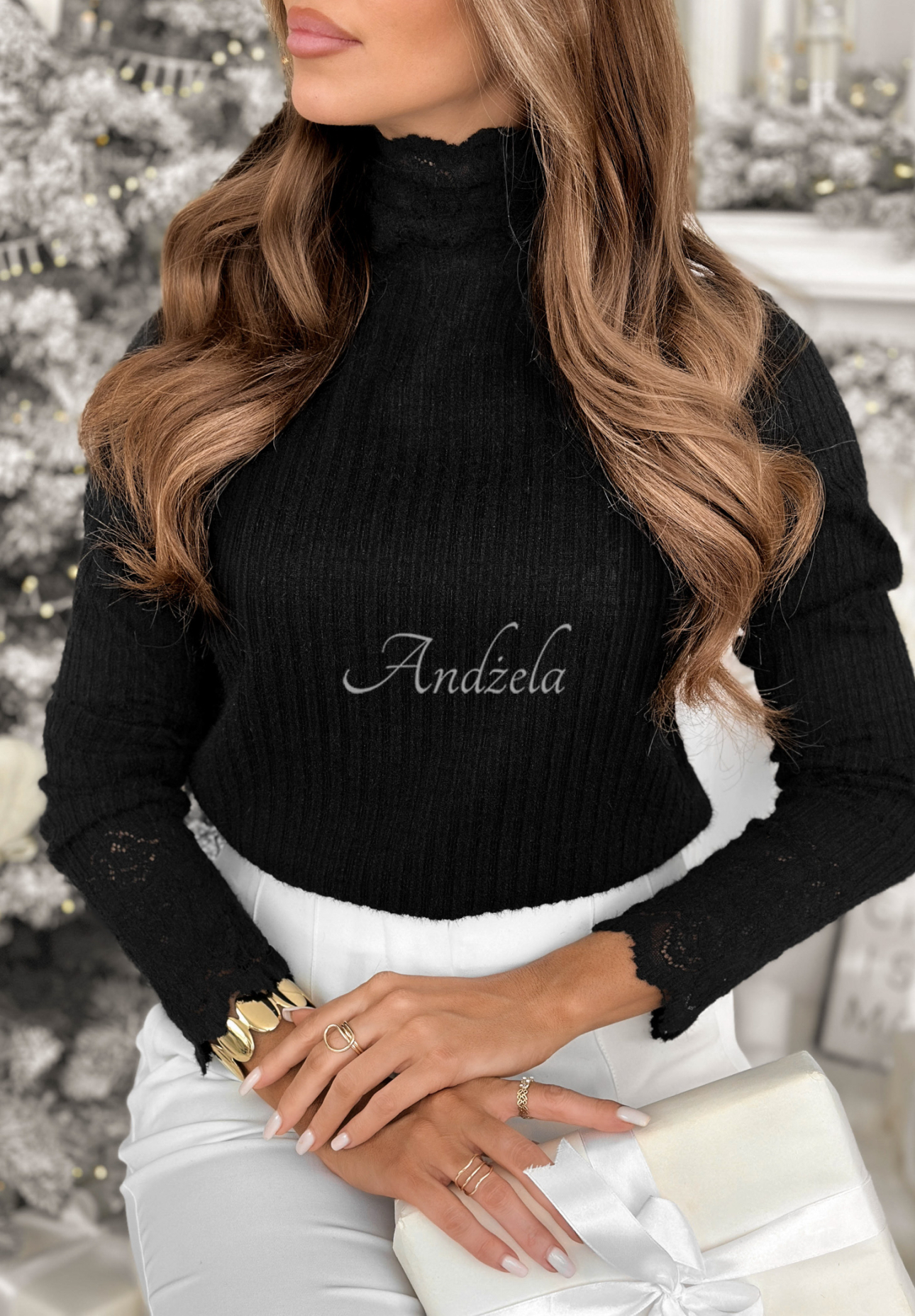 Lacy Dreams ribbed lace sweater black
