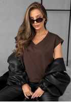 T-shirt V-neck czekoladowy