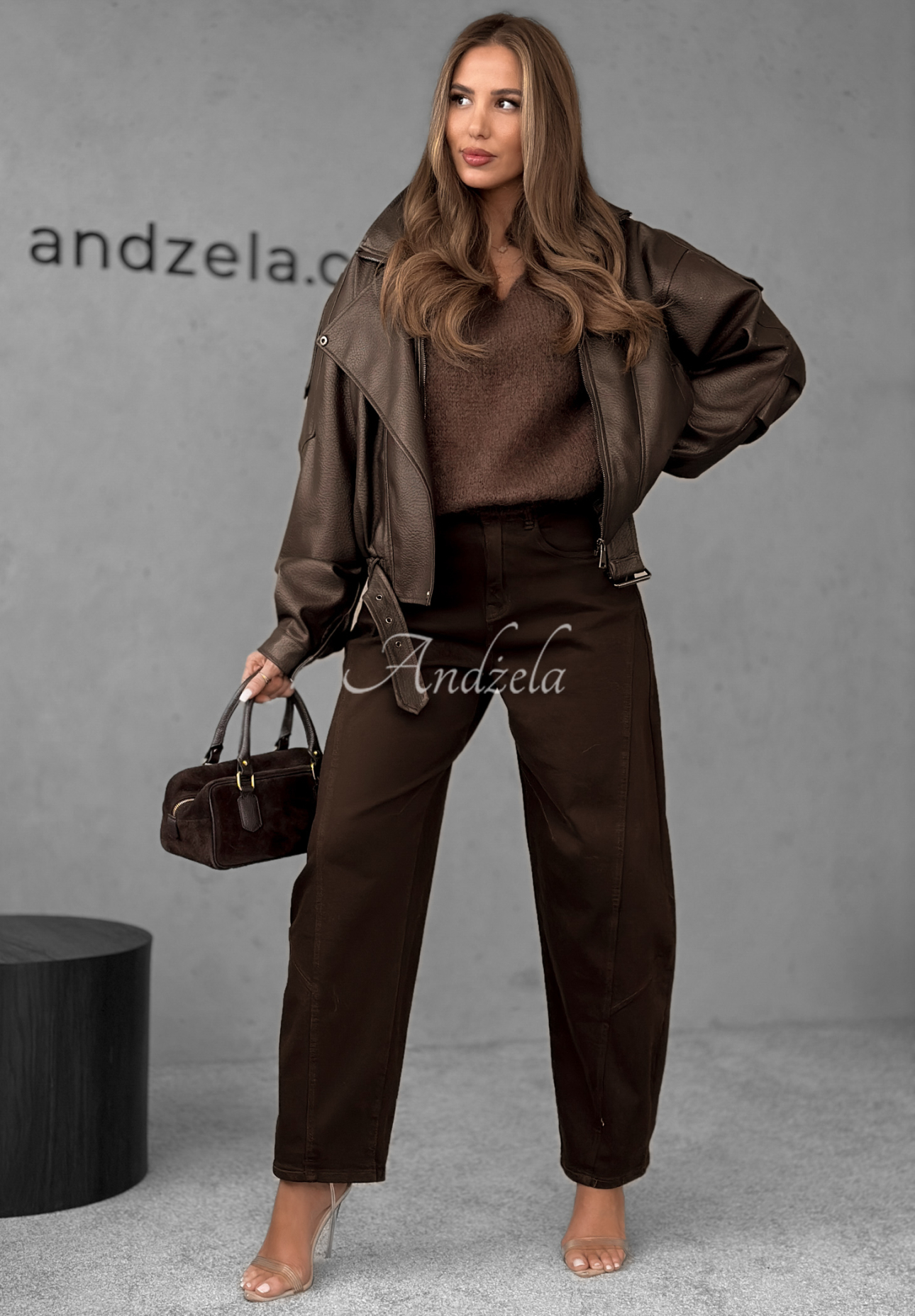 Denim balloon pants Say Less chocolate.