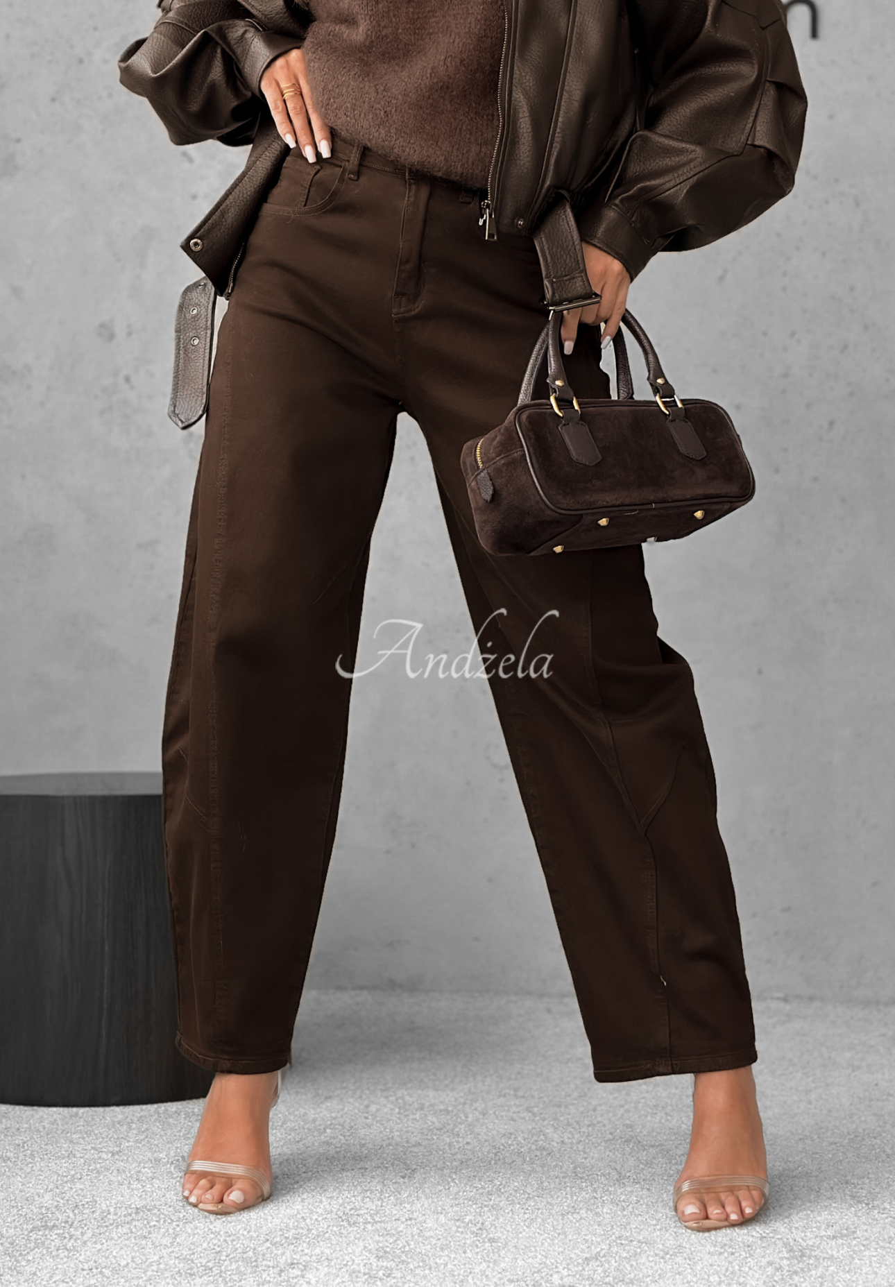 Denim balloon pants Say Less chocolate.