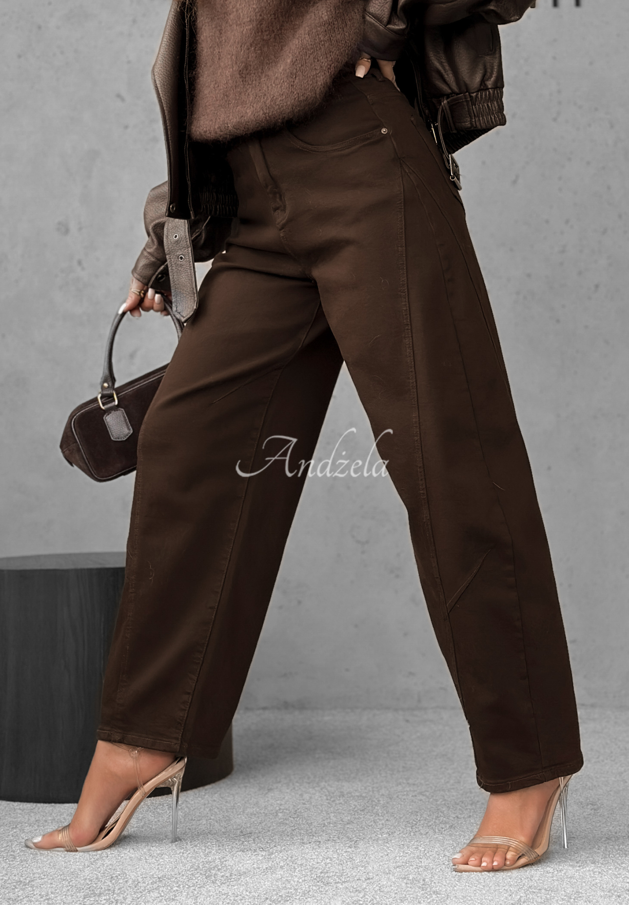 Denim balloon pants Say Less chocolate.