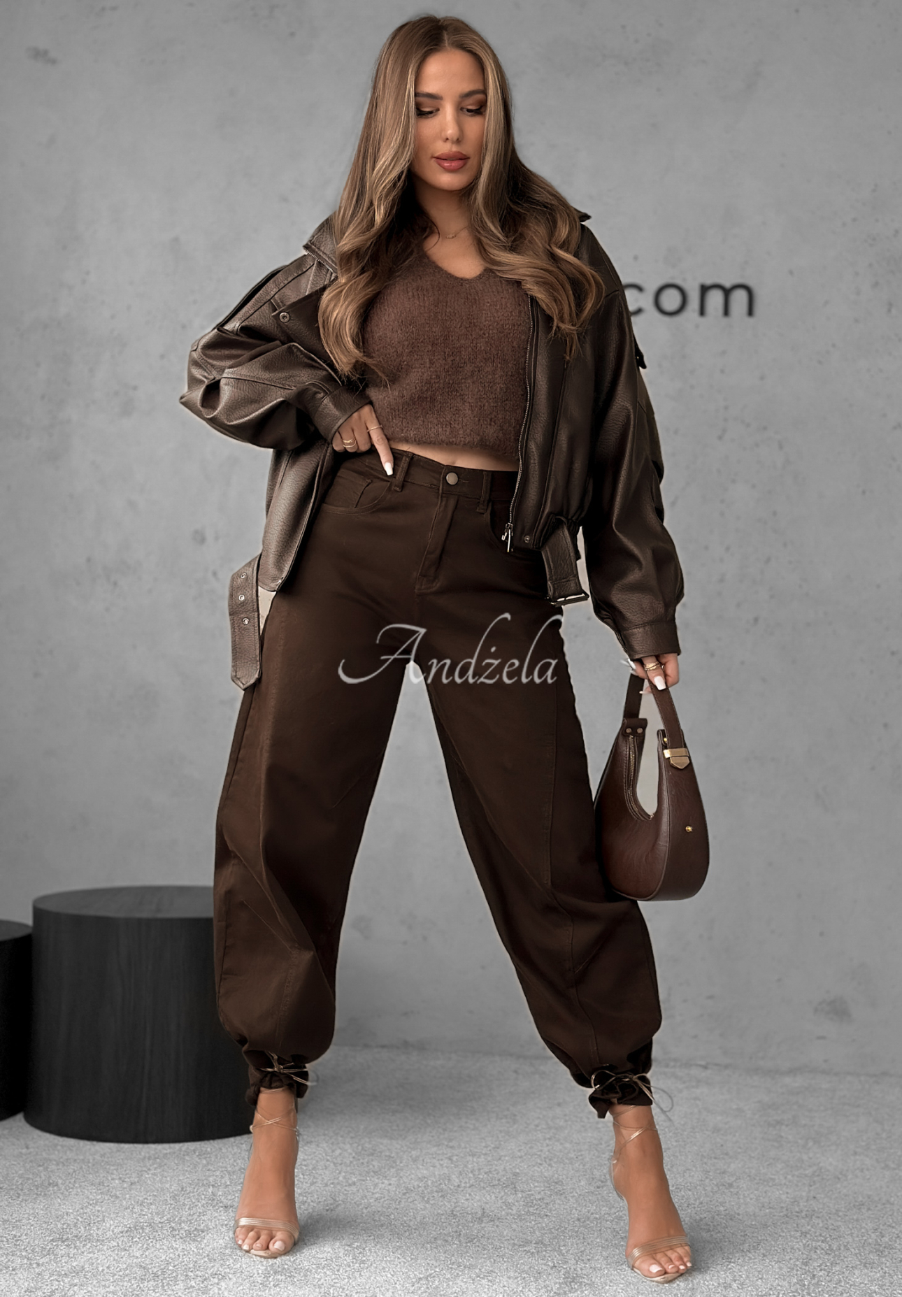 Denim balloon pants Say Less chocolate.