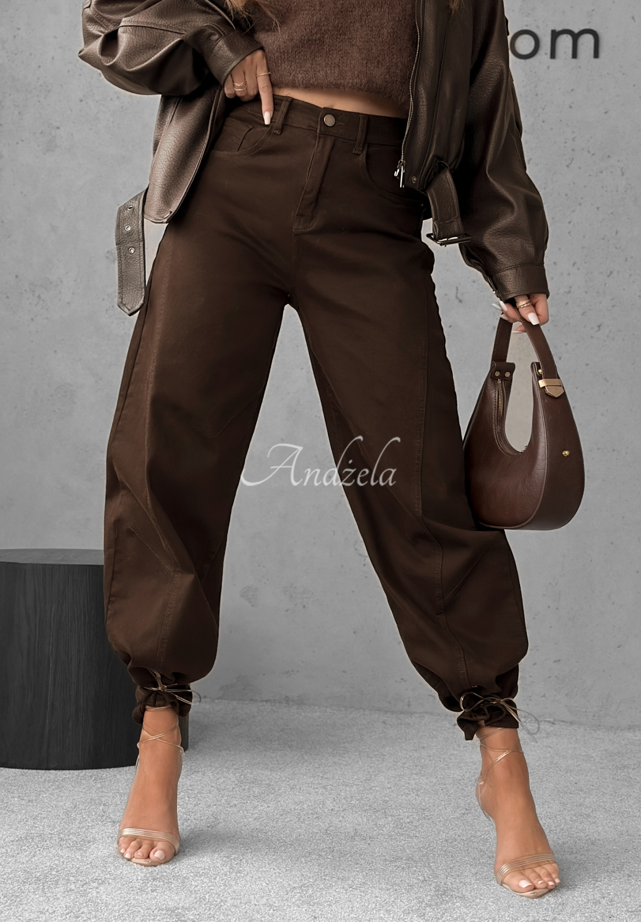 Denim balloon pants Say Less chocolate.