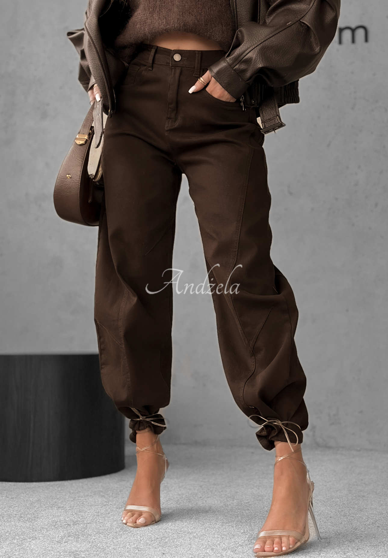 Denim balloon pants Say Less chocolate.