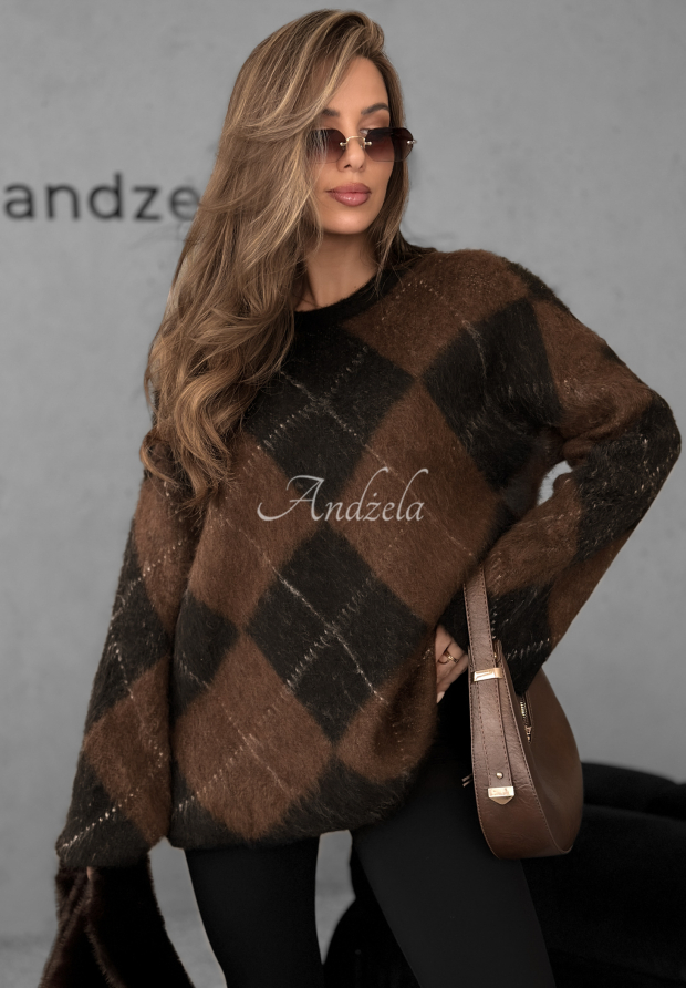 Sweter w romby z wełną i wiskozą Winter Things czekoladowo-czarny