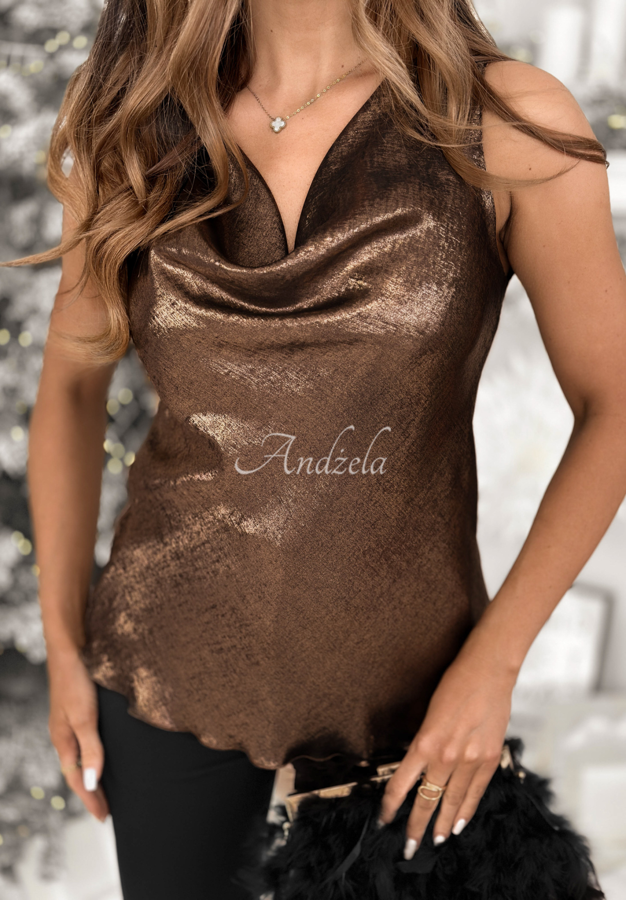 Shiny top with draped neckline Your Loss chocolate