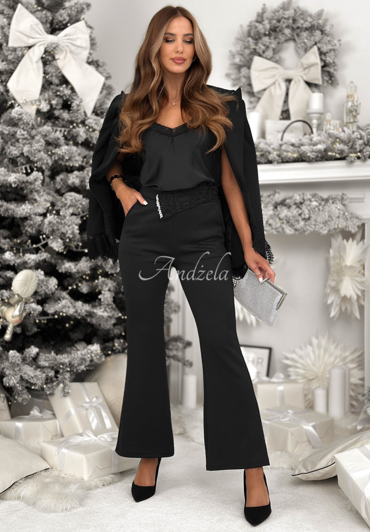 Viscose bell bottoms with lace Lace Edition black