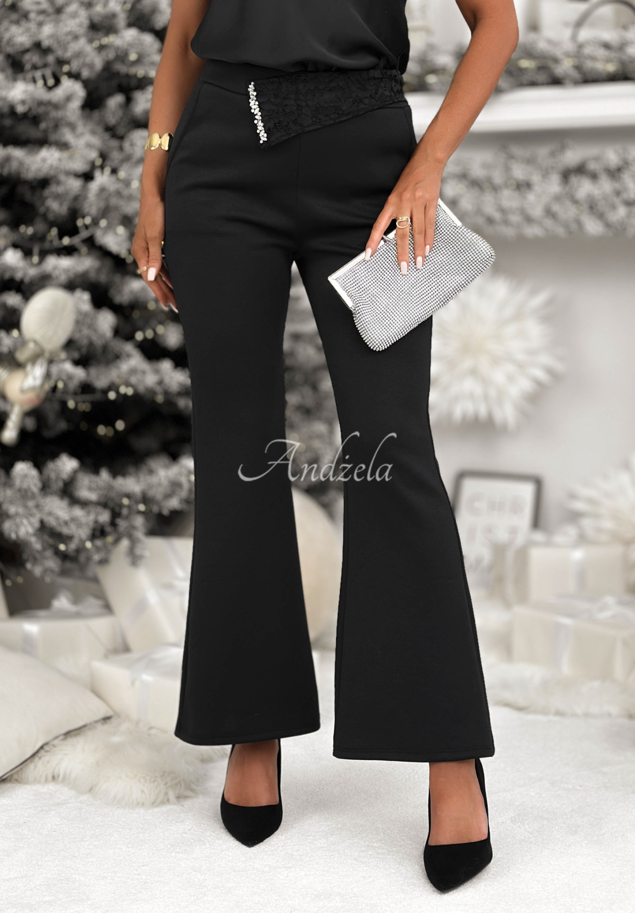 Viscose bell bottoms with lace Lace Edition black