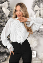 Bawełniana koszula z wiskozą i koronkowym żabotem Not Complicated biała