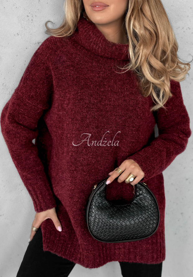 Sweter oversize z golfem i wełną Benin burgundowy