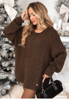Sweter oversize z ozdobnym splotem Cocomore Tressa czekoladowy