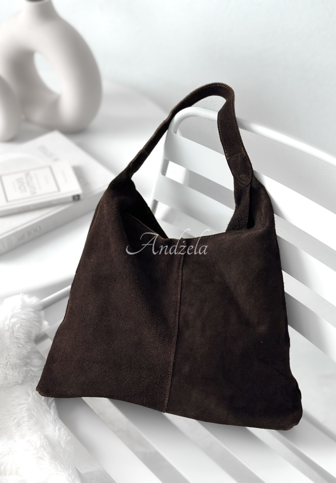 In The Shade chocolate suede handbag