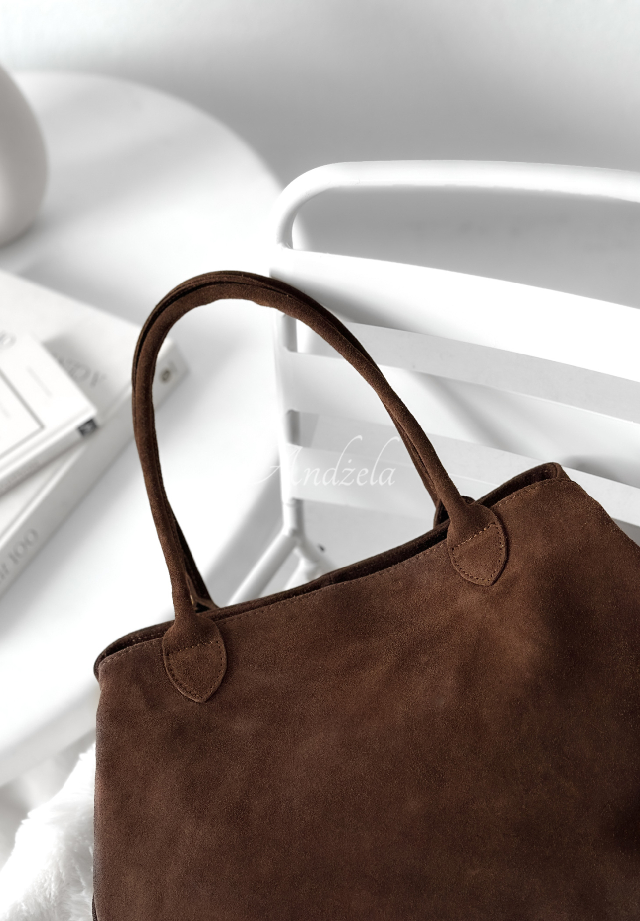 Fully Me chocolate suede handbag