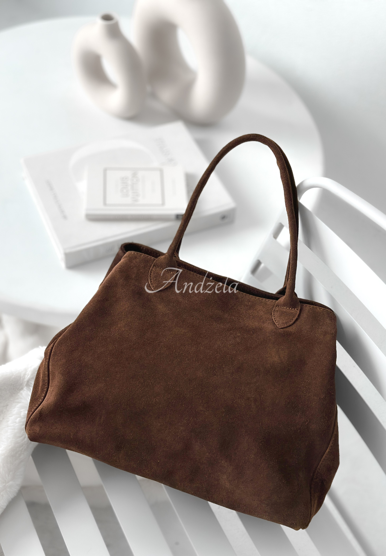 Fully Me chocolate suede handbag