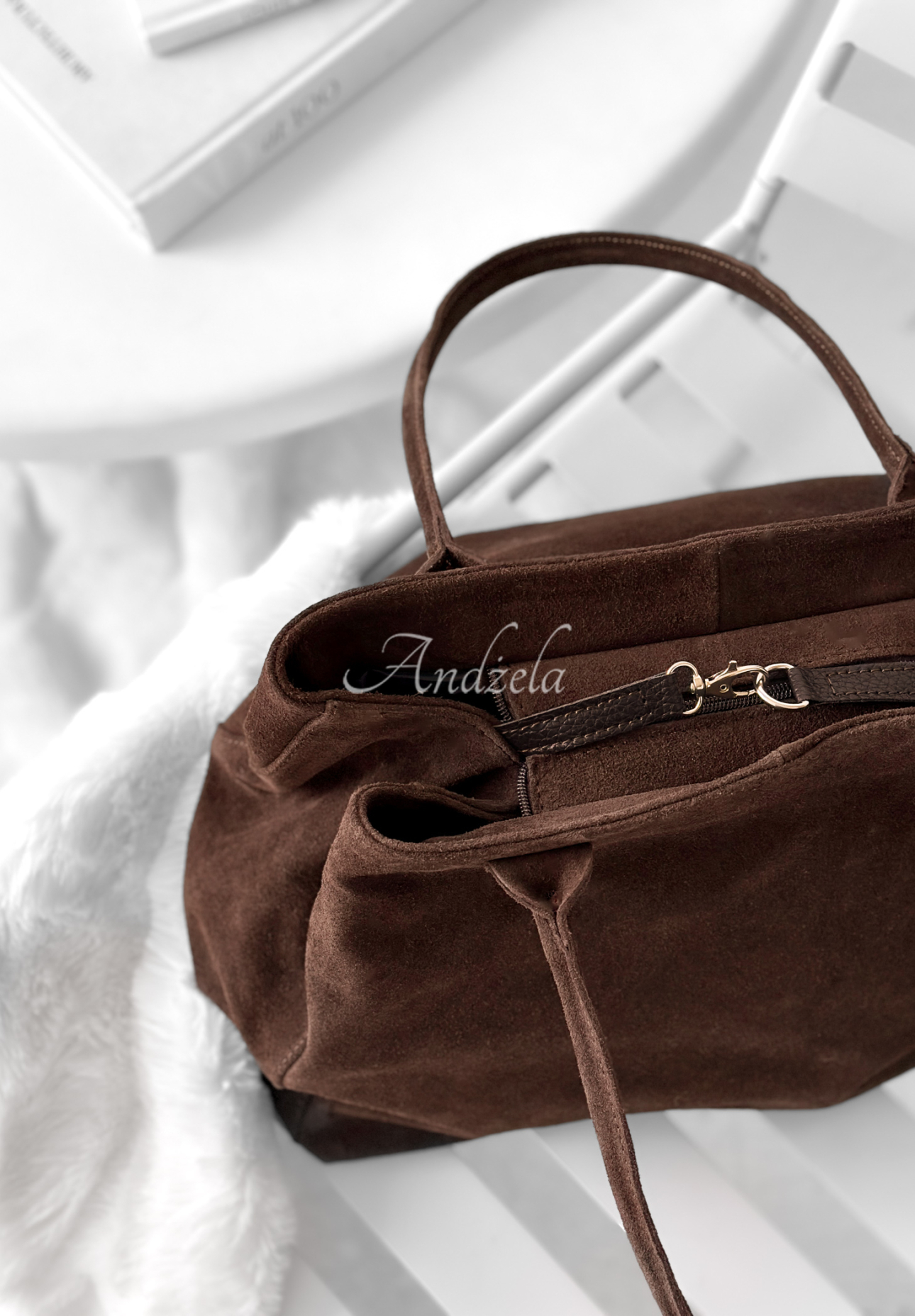 Fully Me chocolate suede handbag
