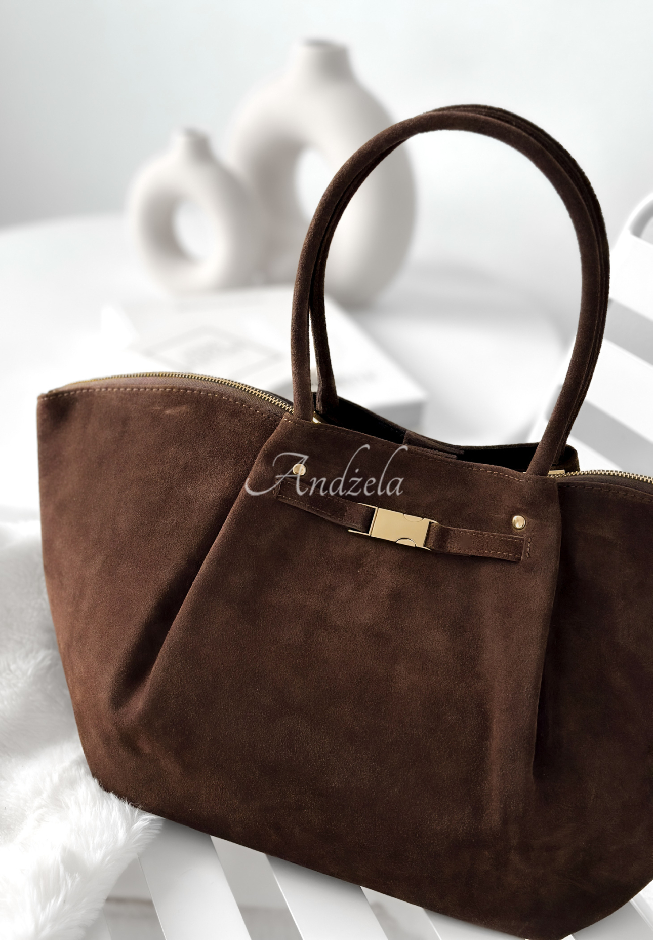 Almost Ready chocolate suede handbag