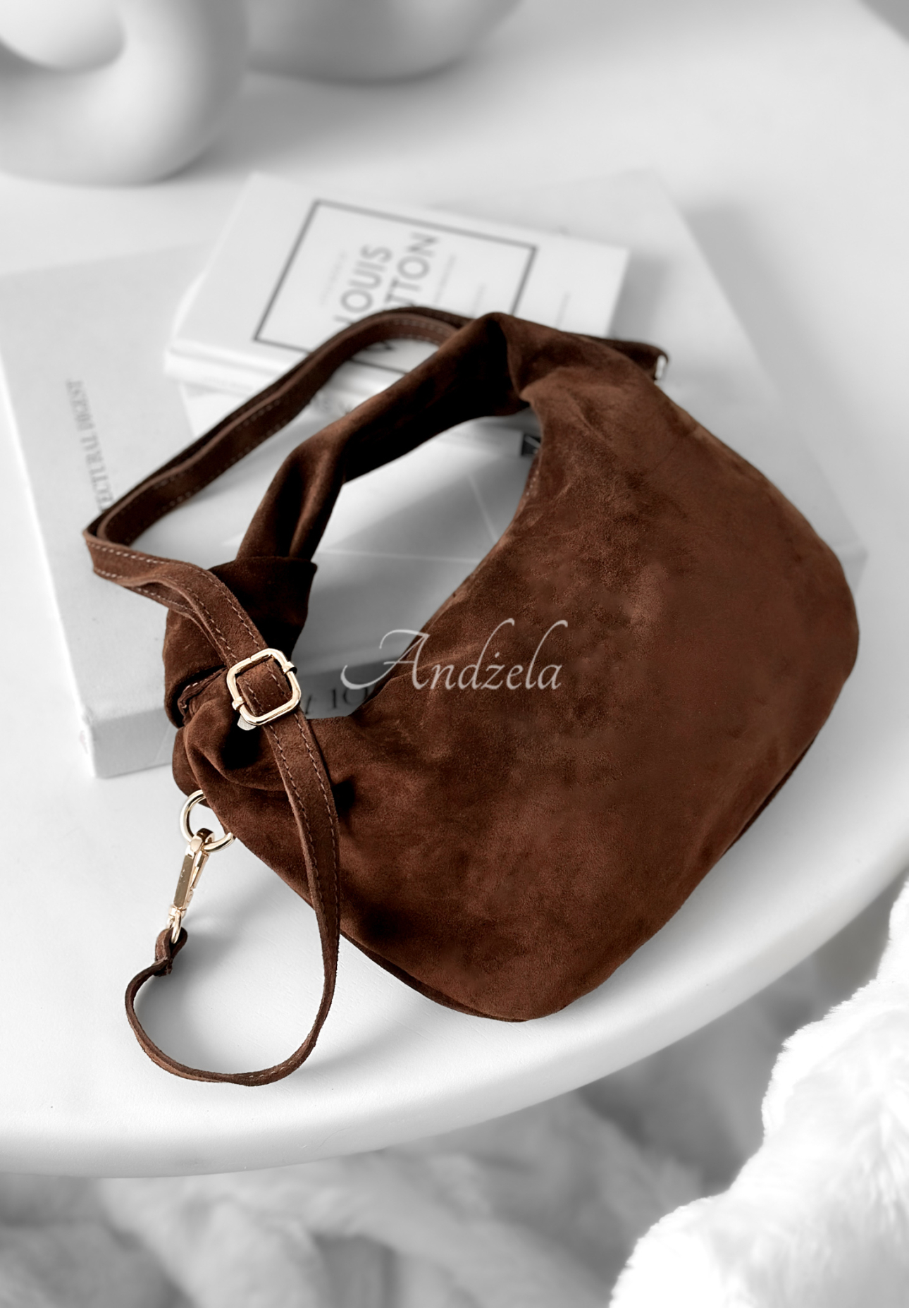 Just Lipstick chocolate suede handbag