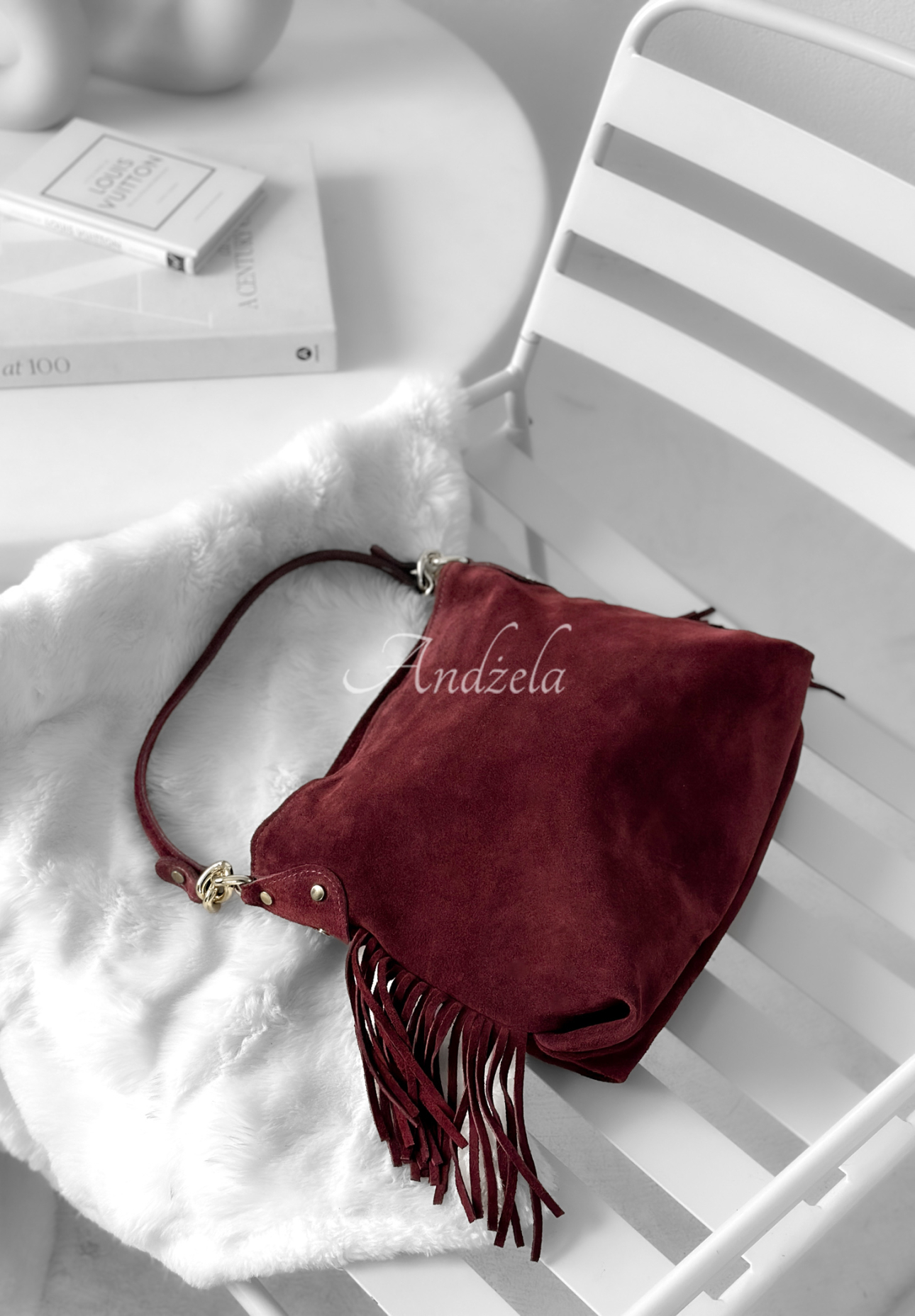 Zamszowa torebka z frędzlami Final Message burgundowa