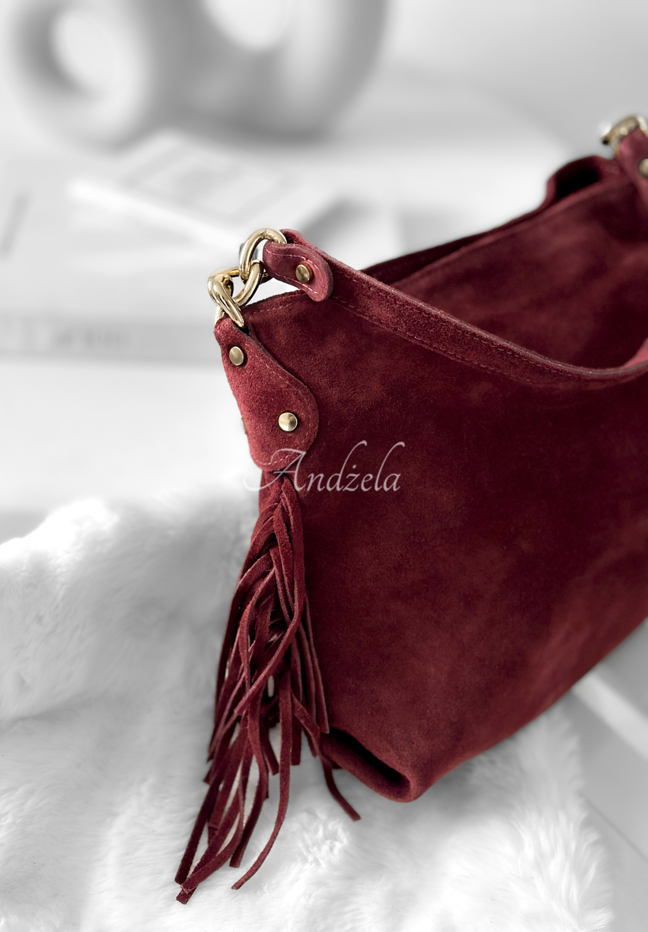 Suede handbag with tassels Final Message burgundy